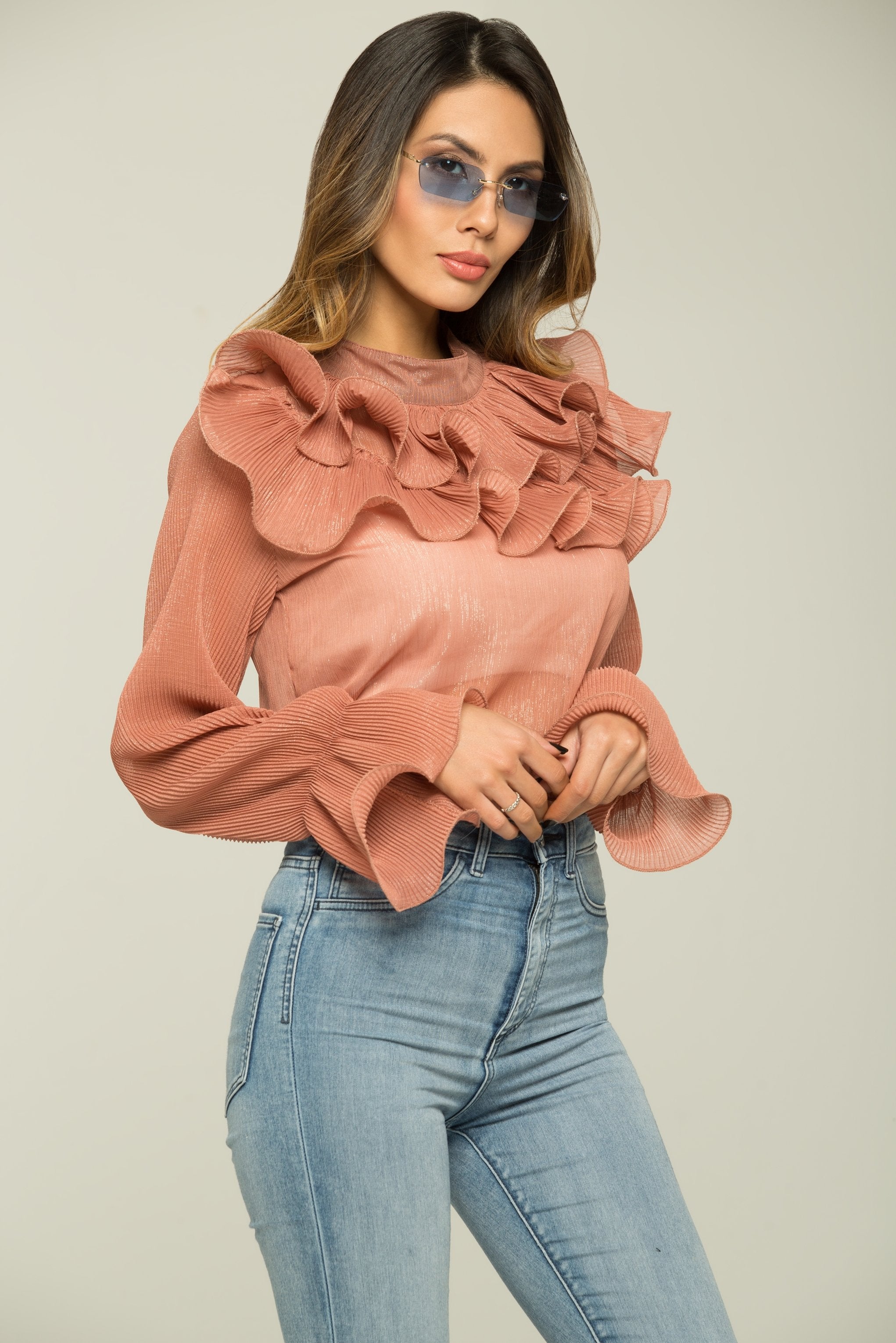 Coral Pink Glimmer Ruffled Top - ownthelooks-Development