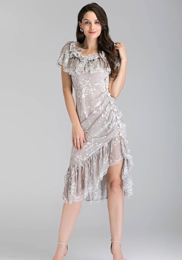 Cream Lace Ruffled off the shoulder Trumpet Midi Dress - ownthelooks-Development