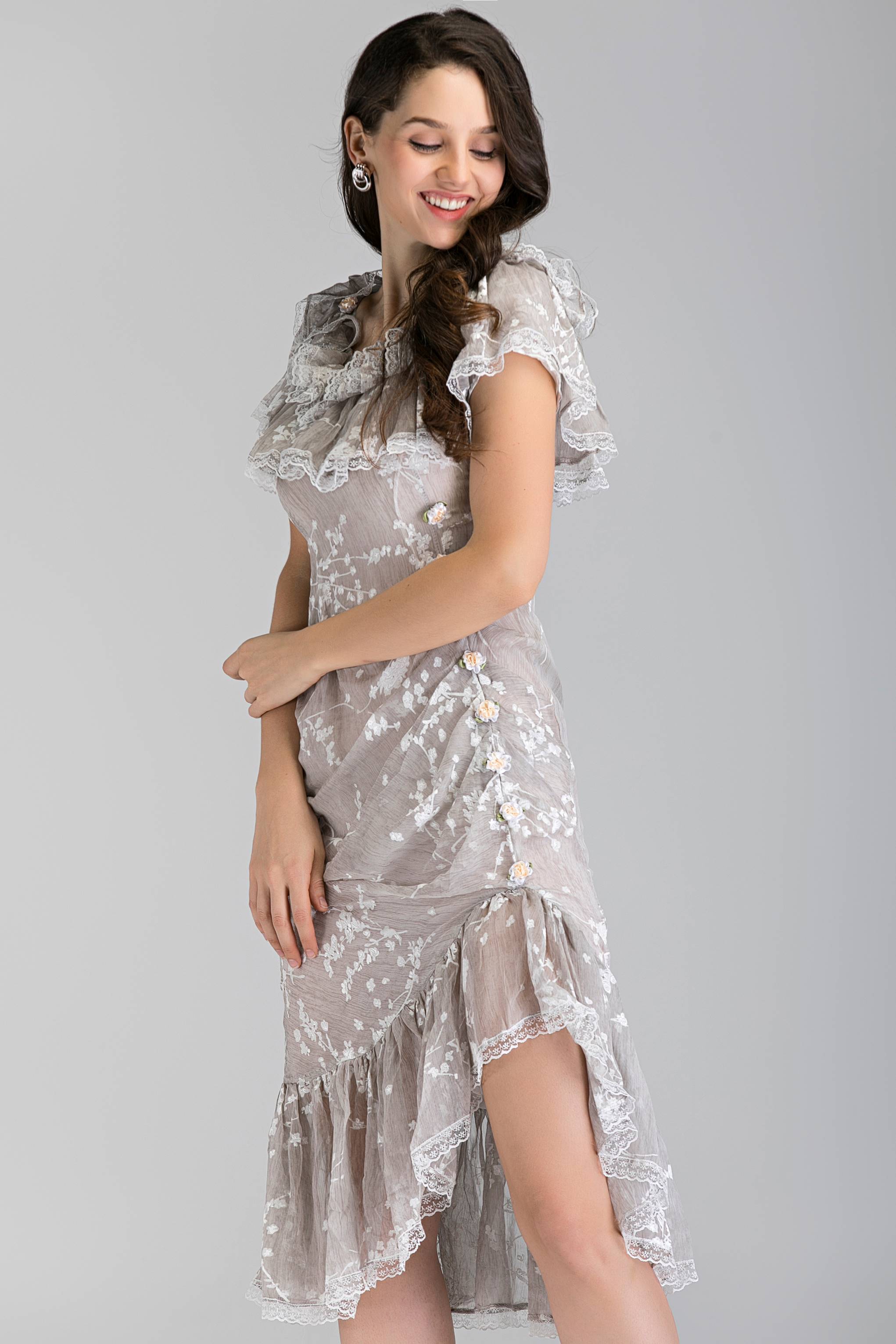 Cream Lace Ruffled off the shoulder Trumpet Midi Dress - ownthelooks-Development