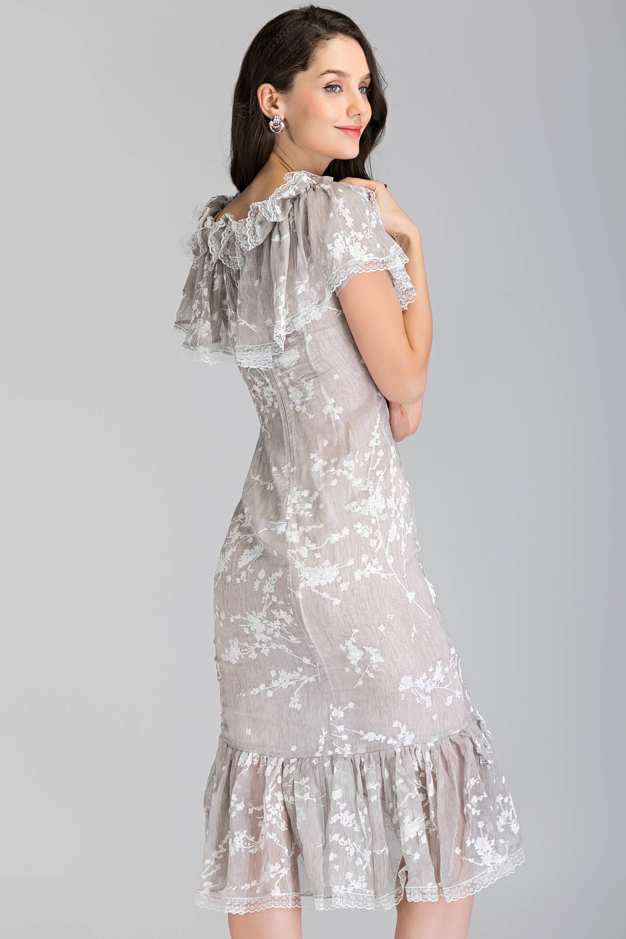 Cream Lace Ruffled off the shoulder Trumpet Midi Dress - ownthelooks-Development