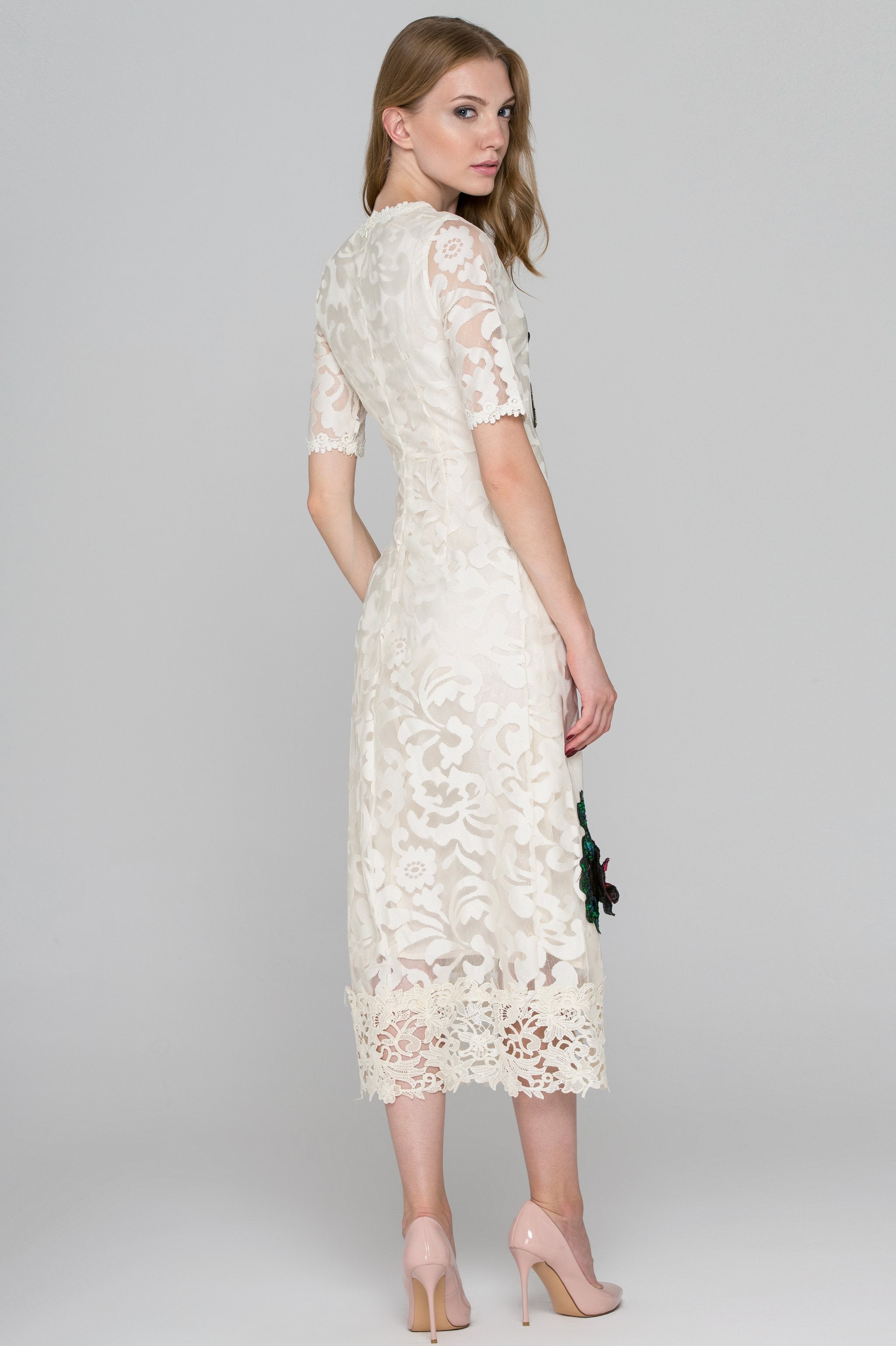 Cream Lace Sequined Flower Patch Maxi Dress - ownthelooks-Development