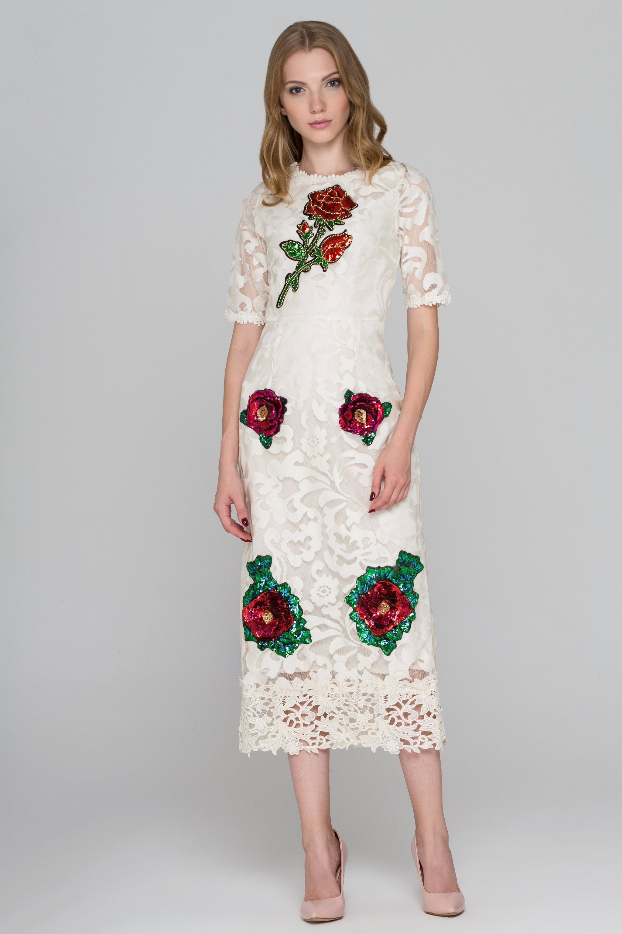 Cream Lace Sequined Flower Patch Maxi Dress - ownthelooks-Development