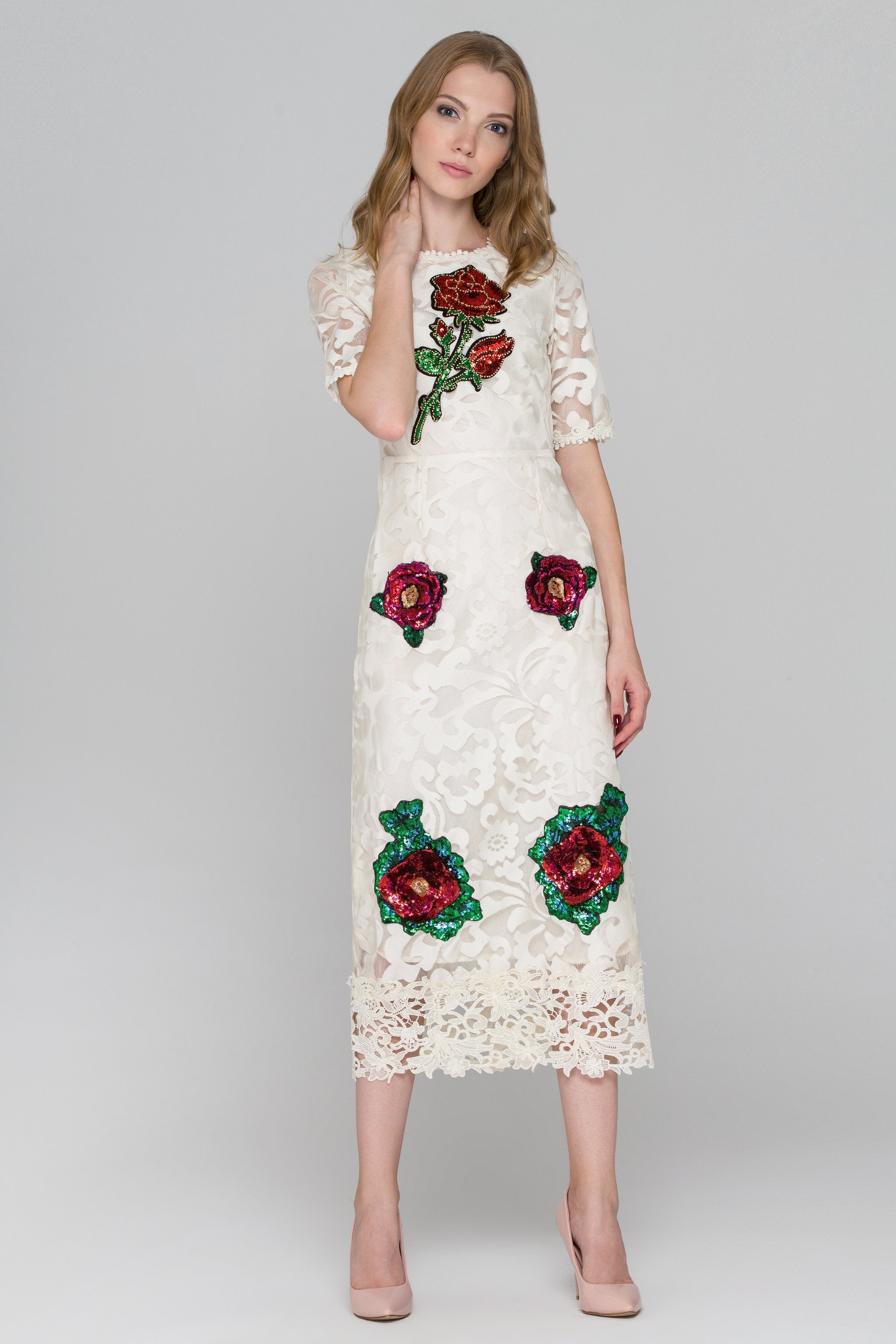 Cream Lace Sequined Flower Patch Maxi Dress - ownthelooks-Development