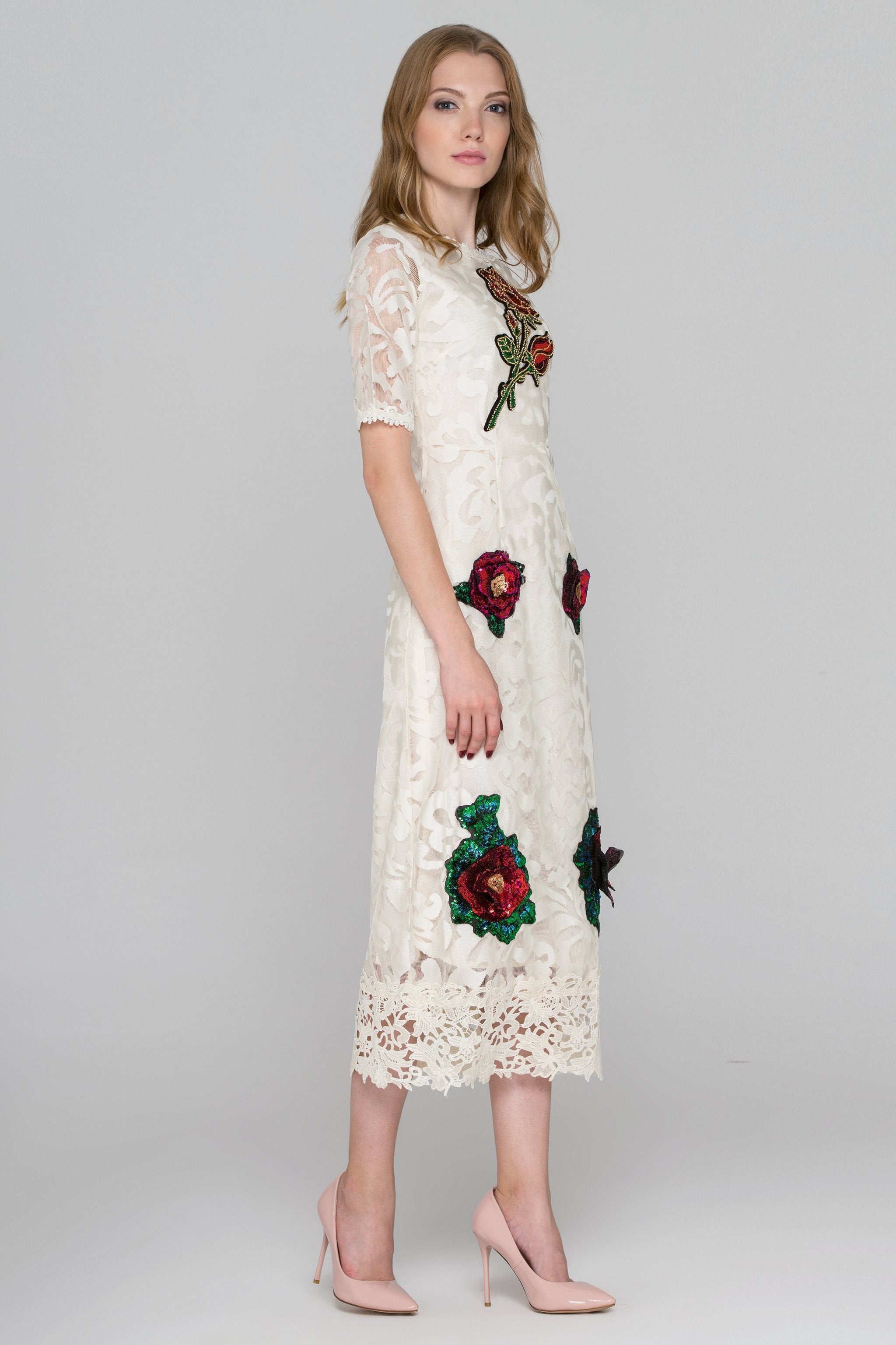 Cream Lace Sequined Flower Patch Maxi Dress - ownthelooks-Development