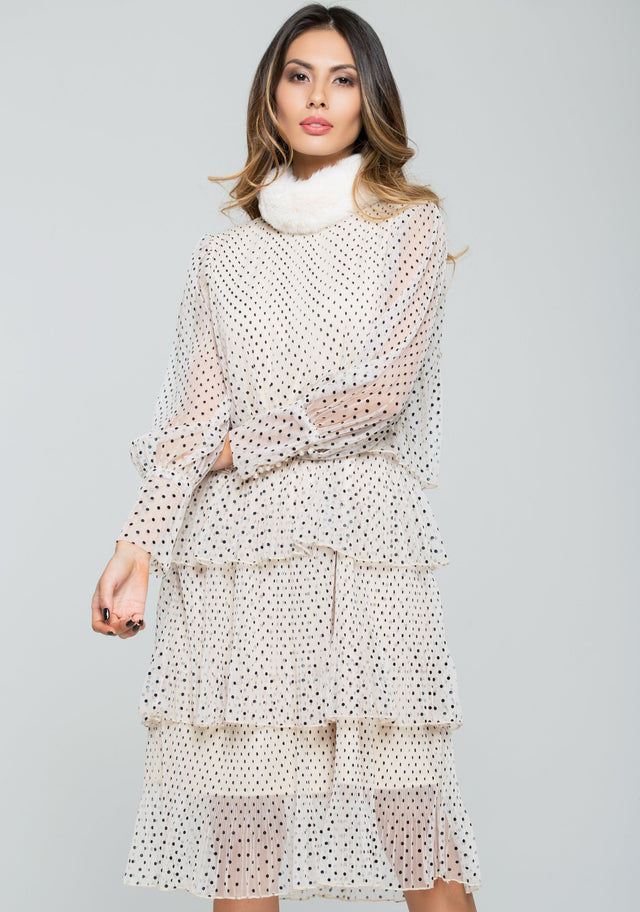 Cream and Black Polka dots Tiered Sheer Skirt Dress - ownthelooks-Development