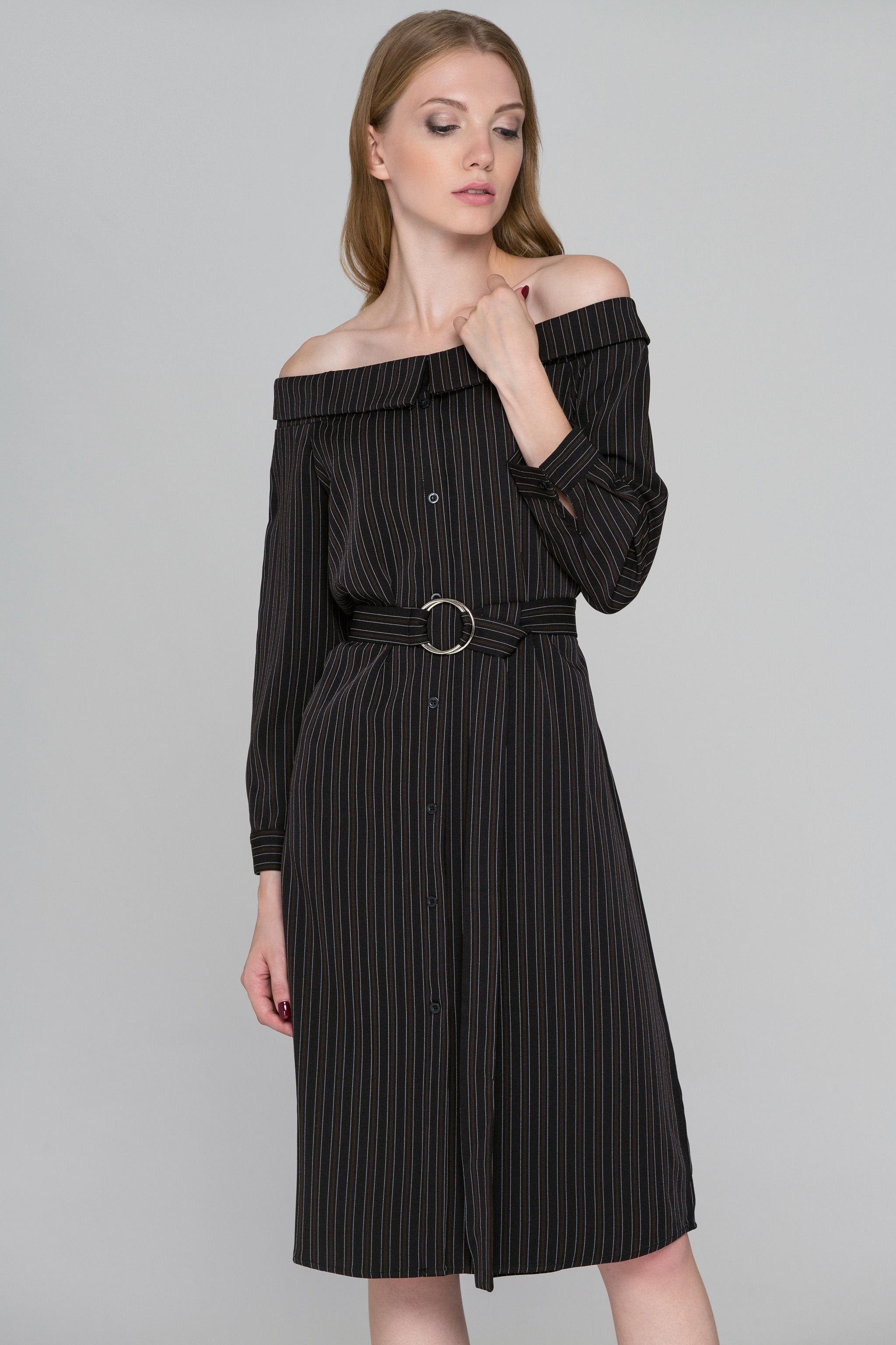 Dark Brown Pin Striped Off-the-Shoulder Midi Dress - ownthelooks-Development