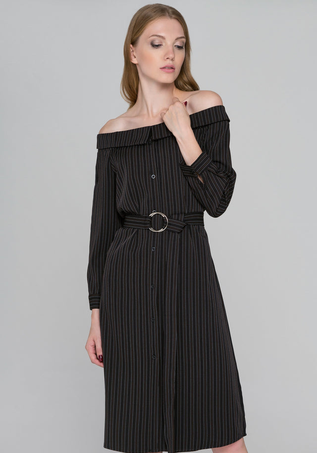 Dark Brown Pin Striped Off-the-Shoulder Midi Dress - ownthelooks-Development