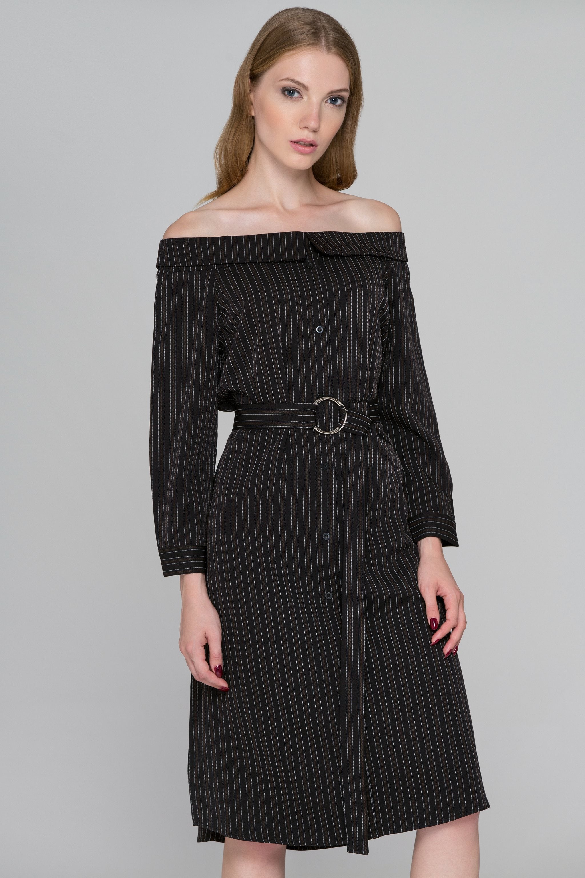 Dark Brown Pin Striped Off-the-Shoulder Midi Dress - ownthelooks-Development