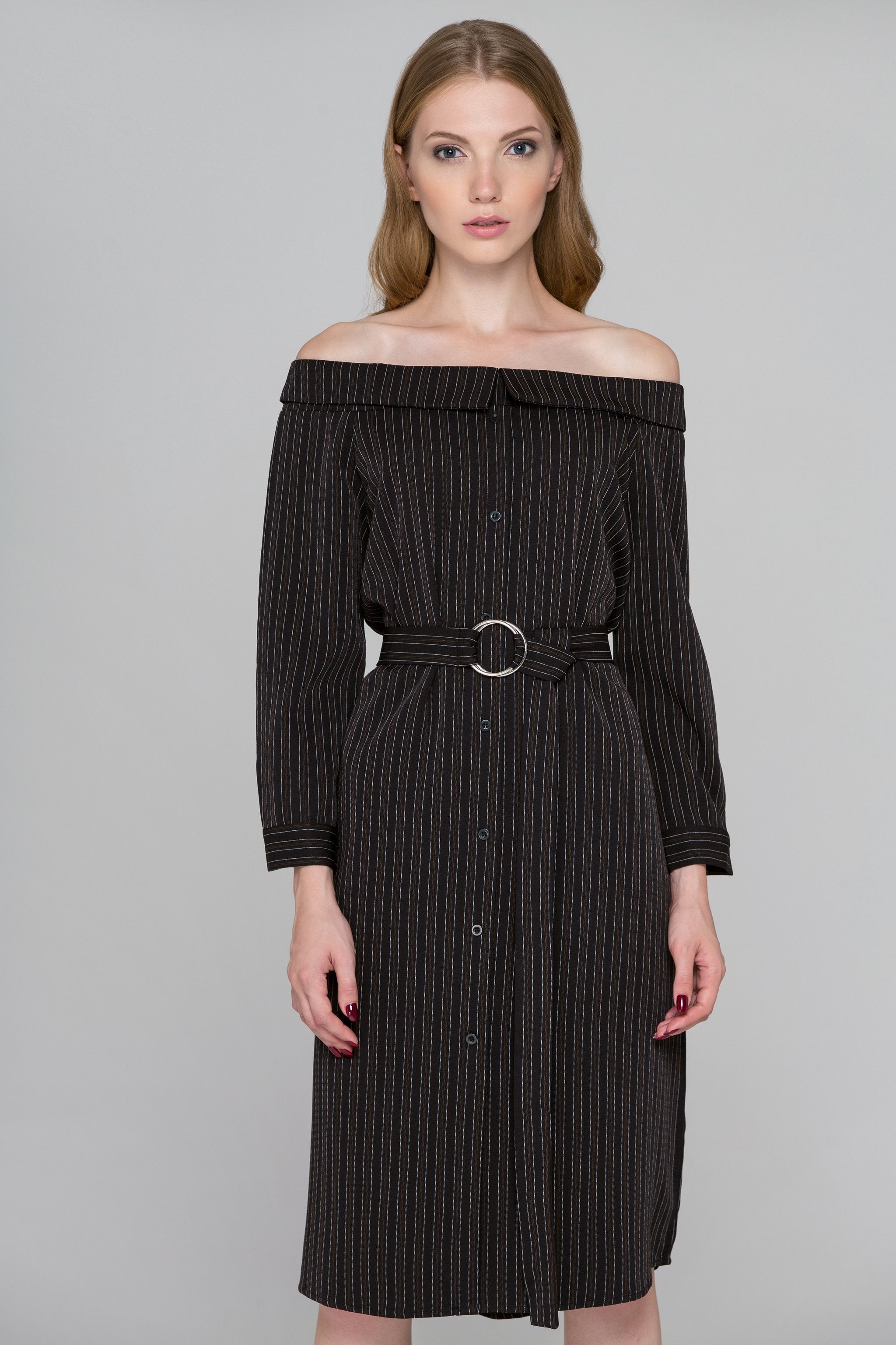 Dark Brown Pin Striped Off-the-Shoulder Midi Dress - ownthelooks-Development