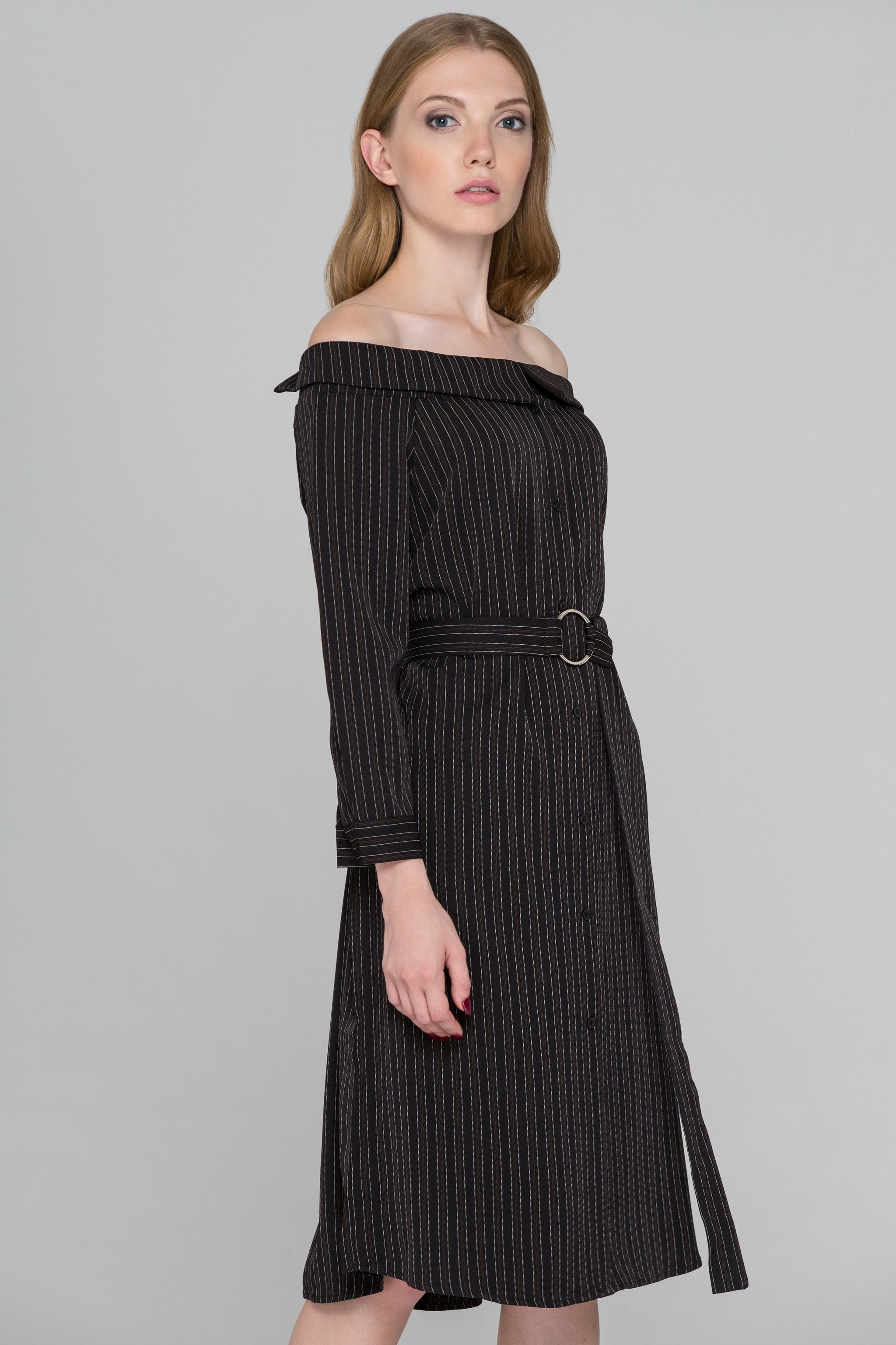 Dark Brown Pin Striped Off-the-Shoulder Midi Dress - ownthelooks-Development