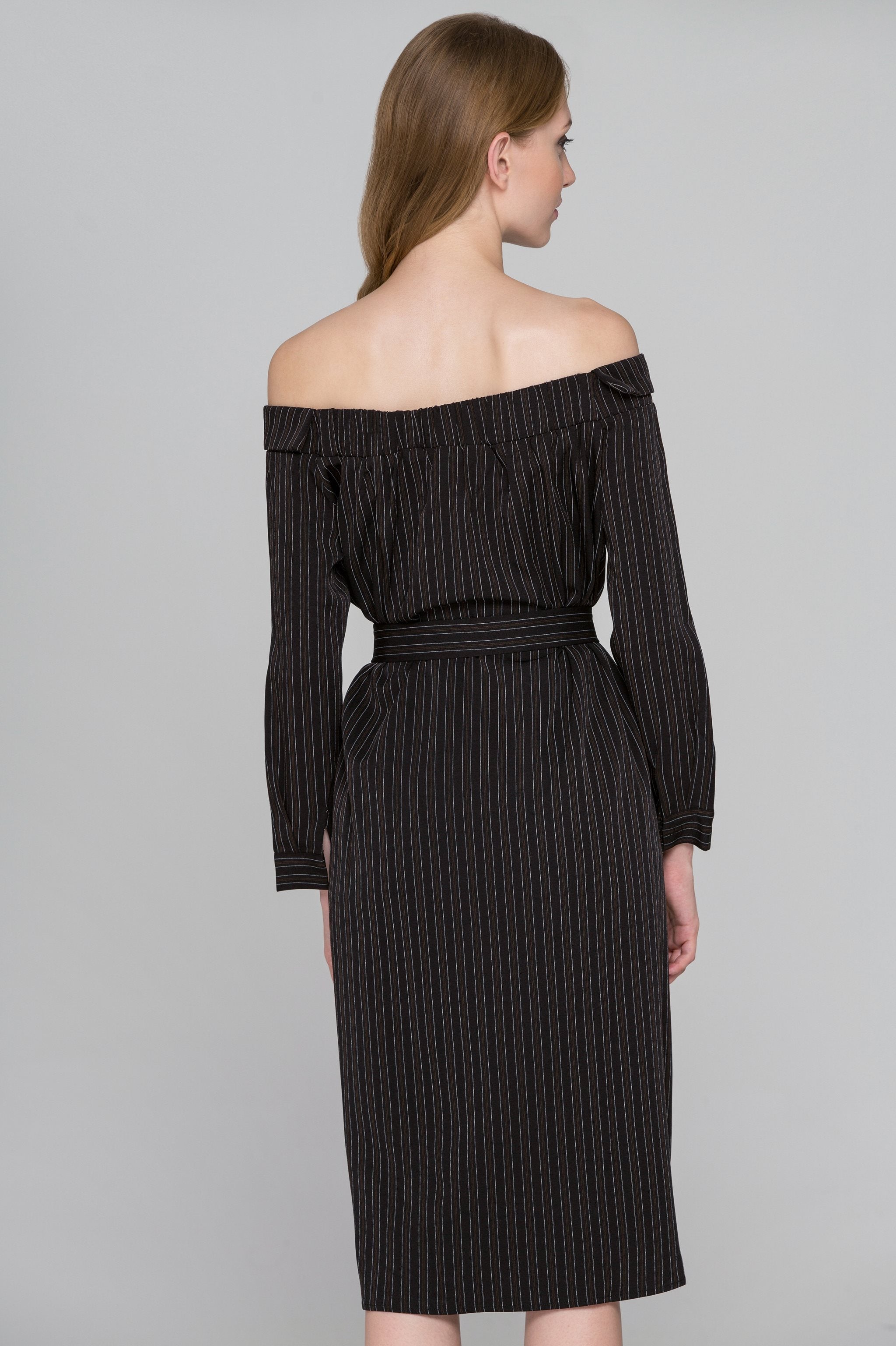 Dark Brown Pin Striped Off-the-Shoulder Midi Dress - ownthelooks-Development
