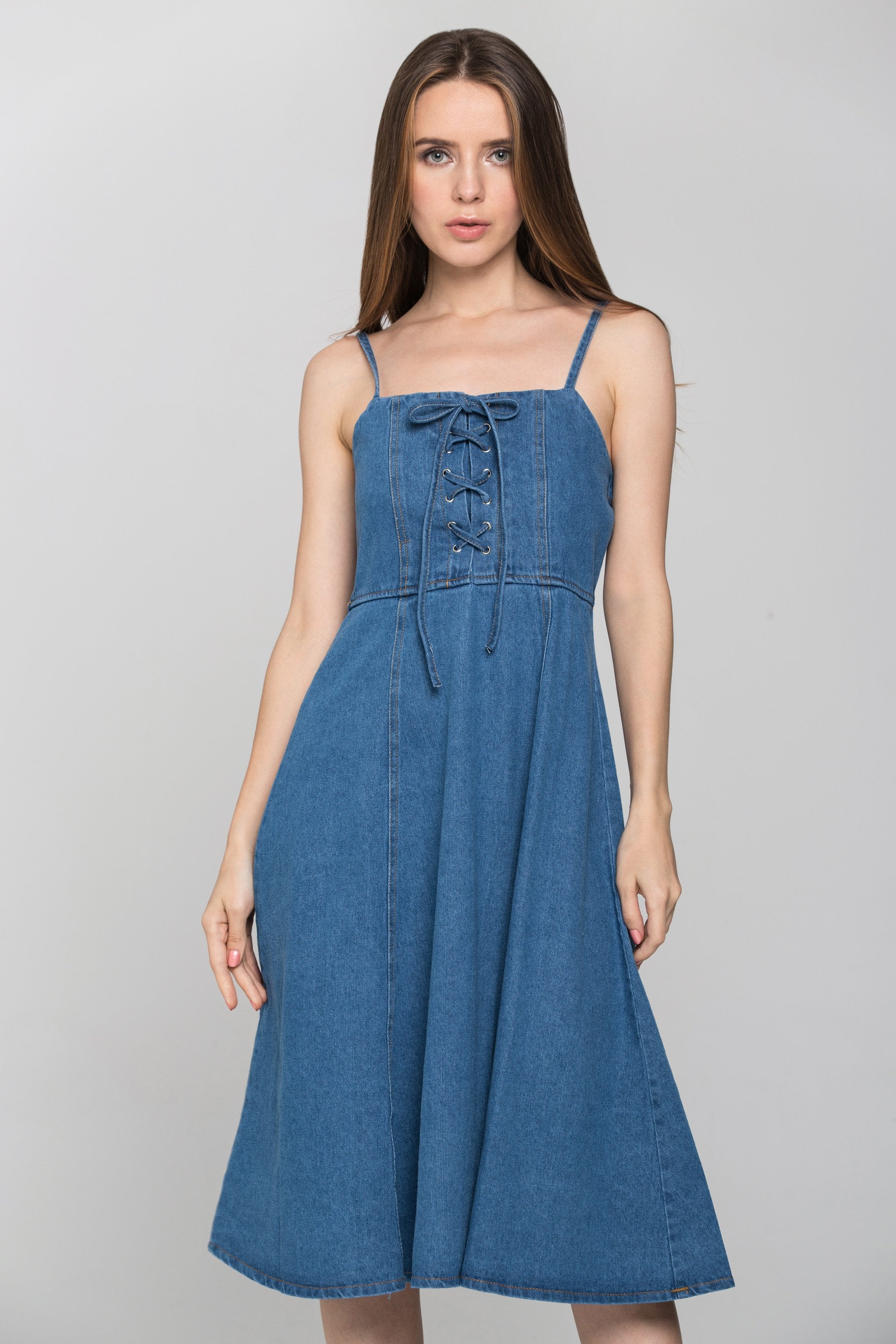 Denim Lace Up Midi Dress - ownthelooks-Development