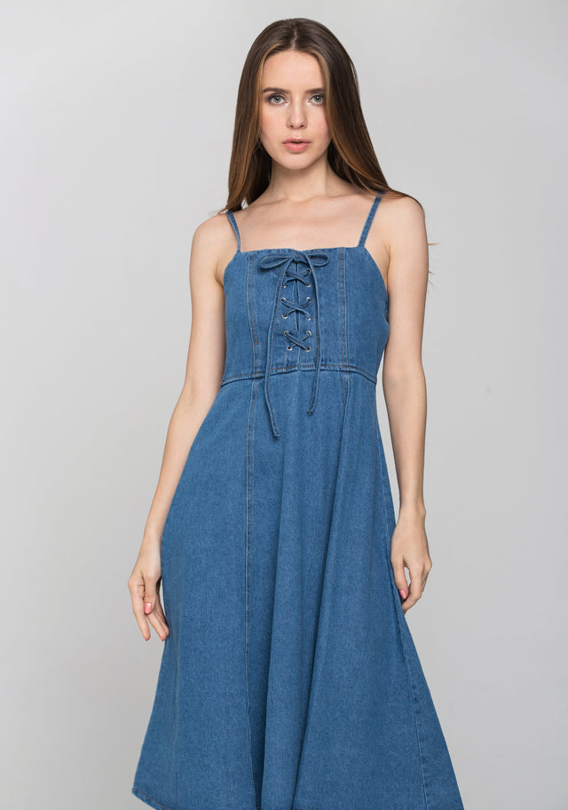 Denim Lace Up Midi Dress - ownthelooks-Development