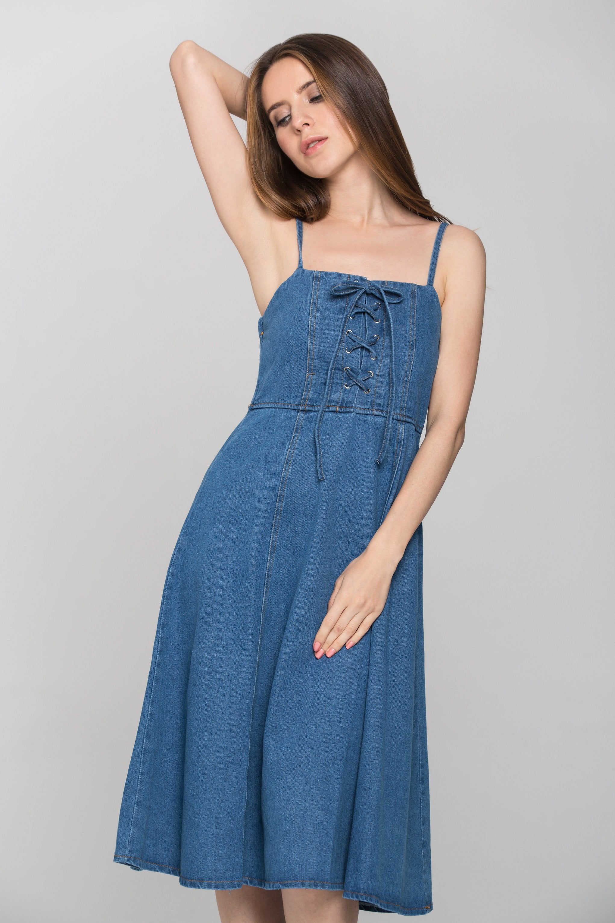Denim Lace Up Midi Dress - ownthelooks-Development