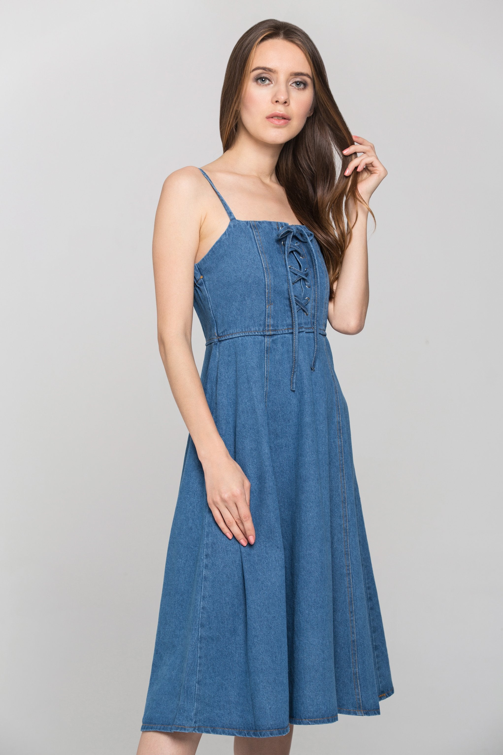 Denim Lace Up Midi Dress - ownthelooks-Development