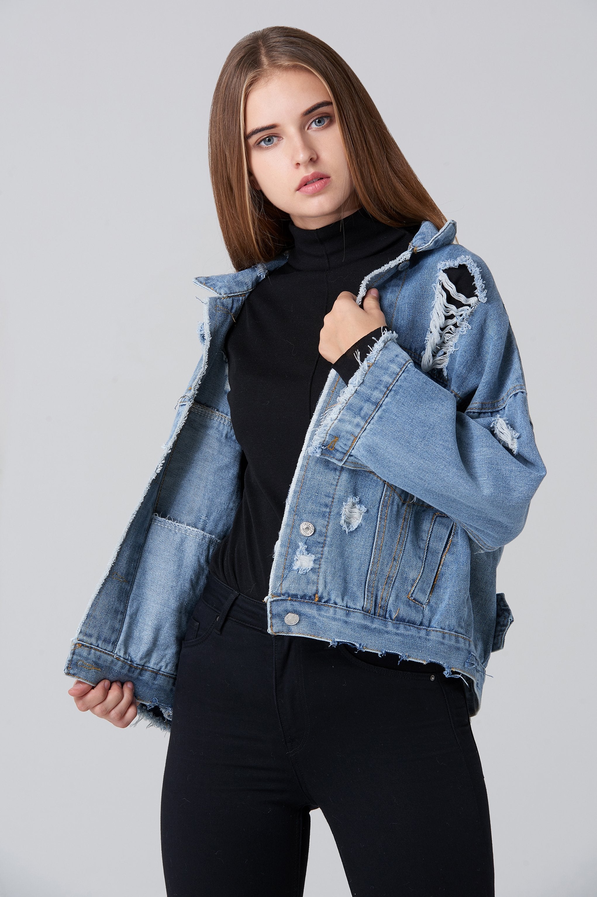 Denim Oversized Distressed Jacket - ownthelooks-Development
