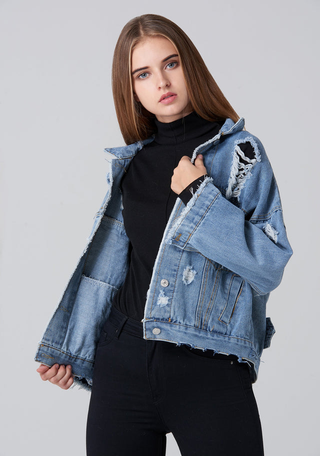 Denim Oversized Distressed Jacket - ownthelooks-Development