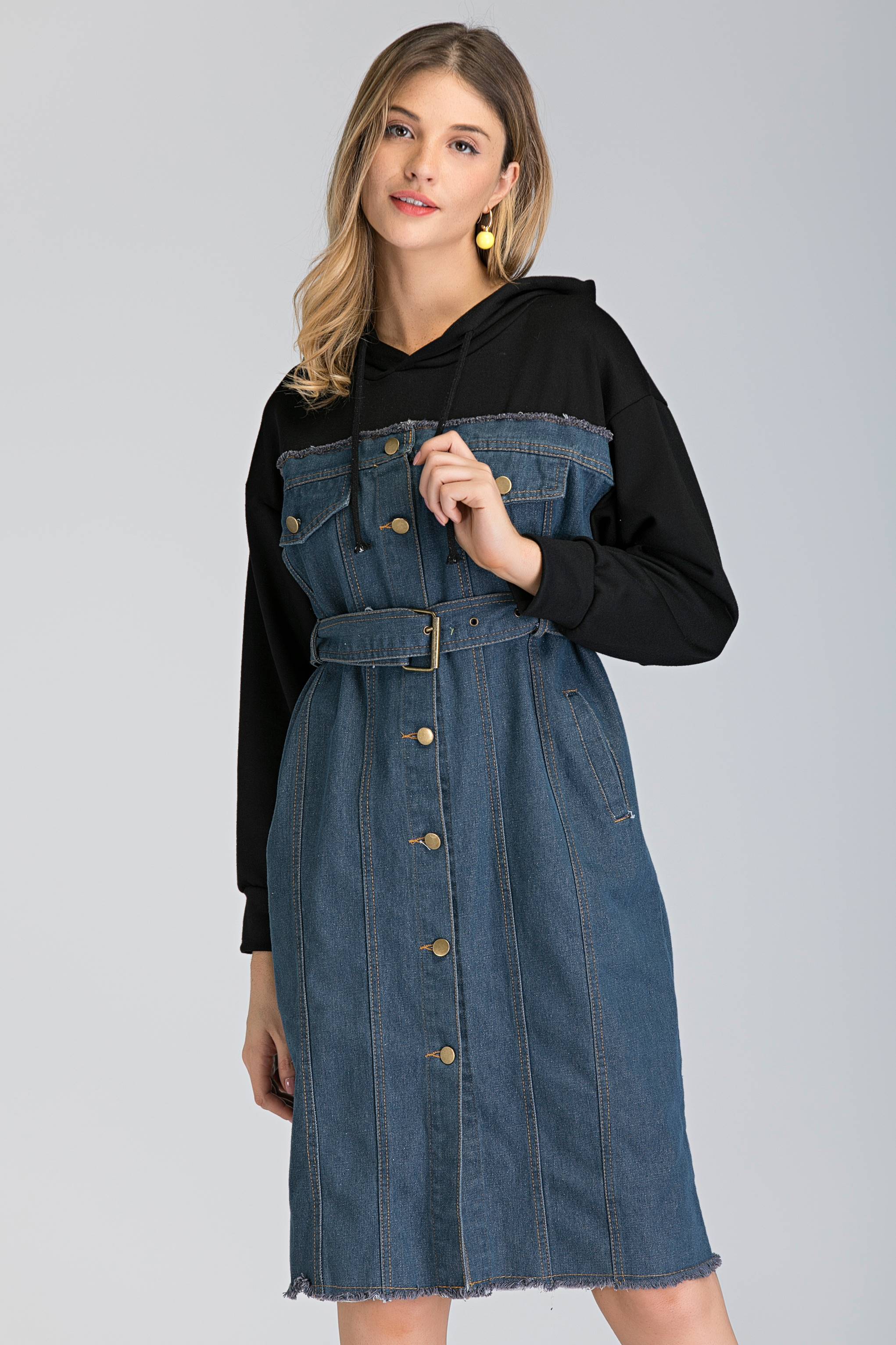 Denim and Hoodie Button Up Midi Dress - ownthelooks-Development