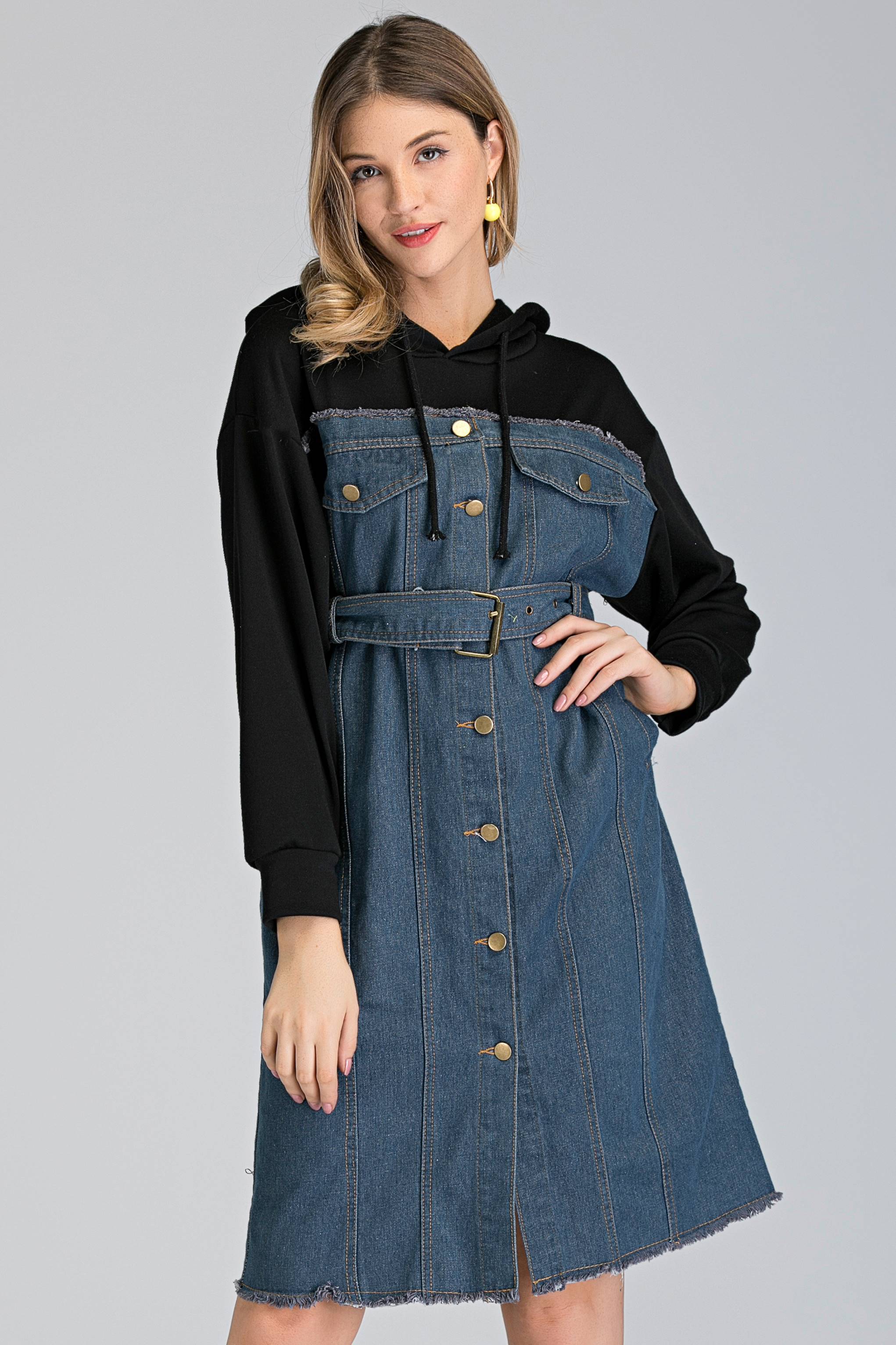 Denim and Hoodie Button Up Midi Dress - ownthelooks-Development
