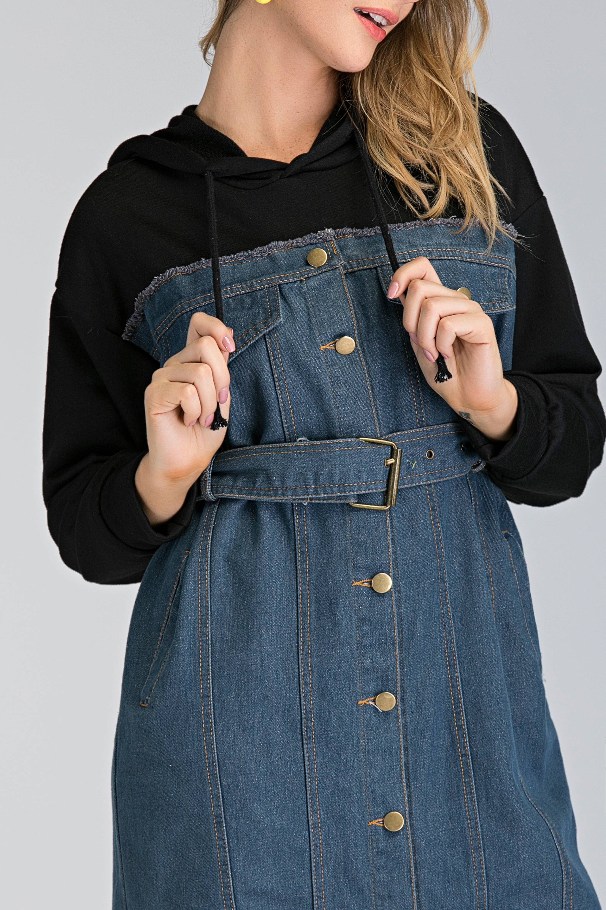 Denim and Hoodie Button Up Midi Dress - ownthelooks-Development