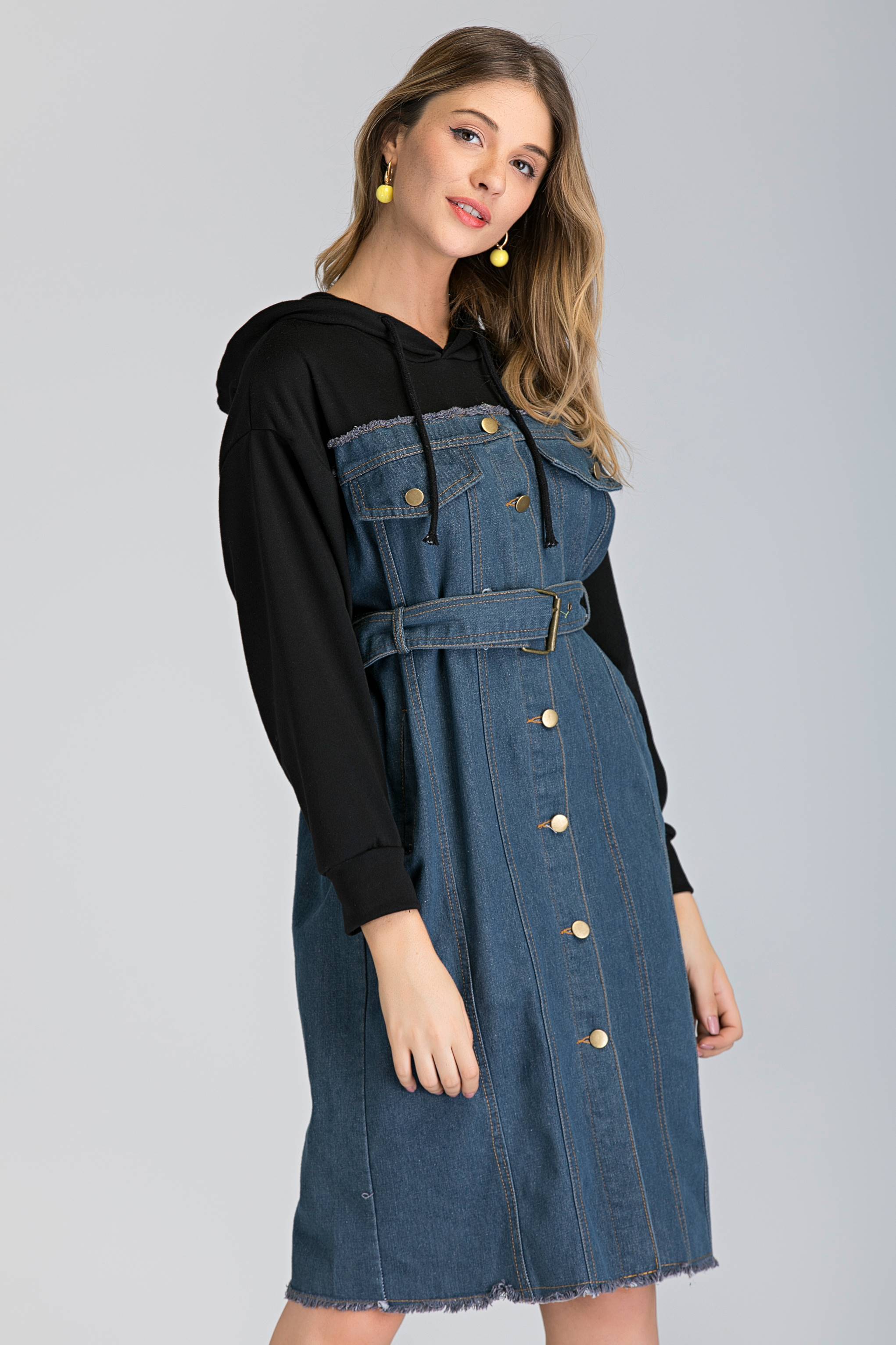 Denim and Hoodie Button Up Midi Dress - ownthelooks-Development