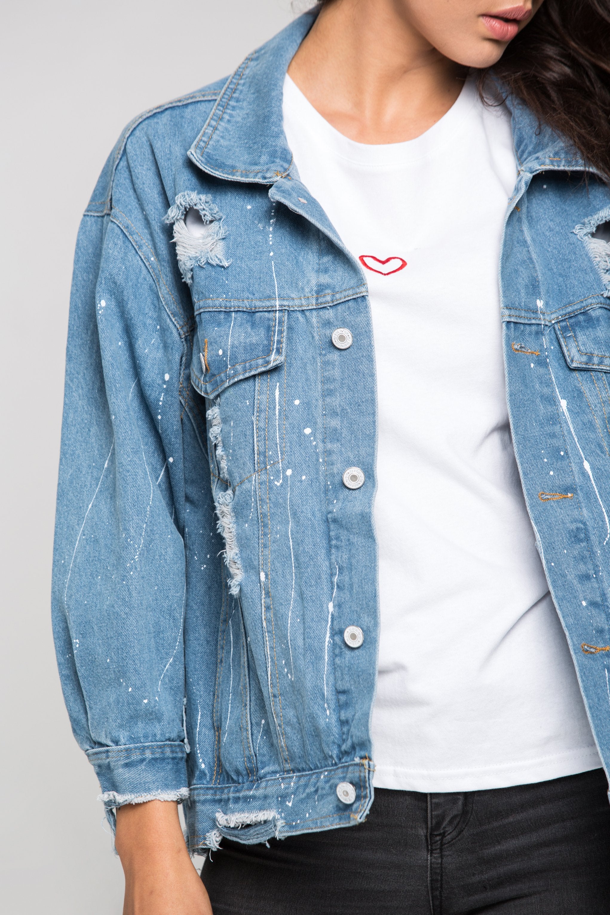 Distressed Denim Splashed Jacket - ownthelooks-Development