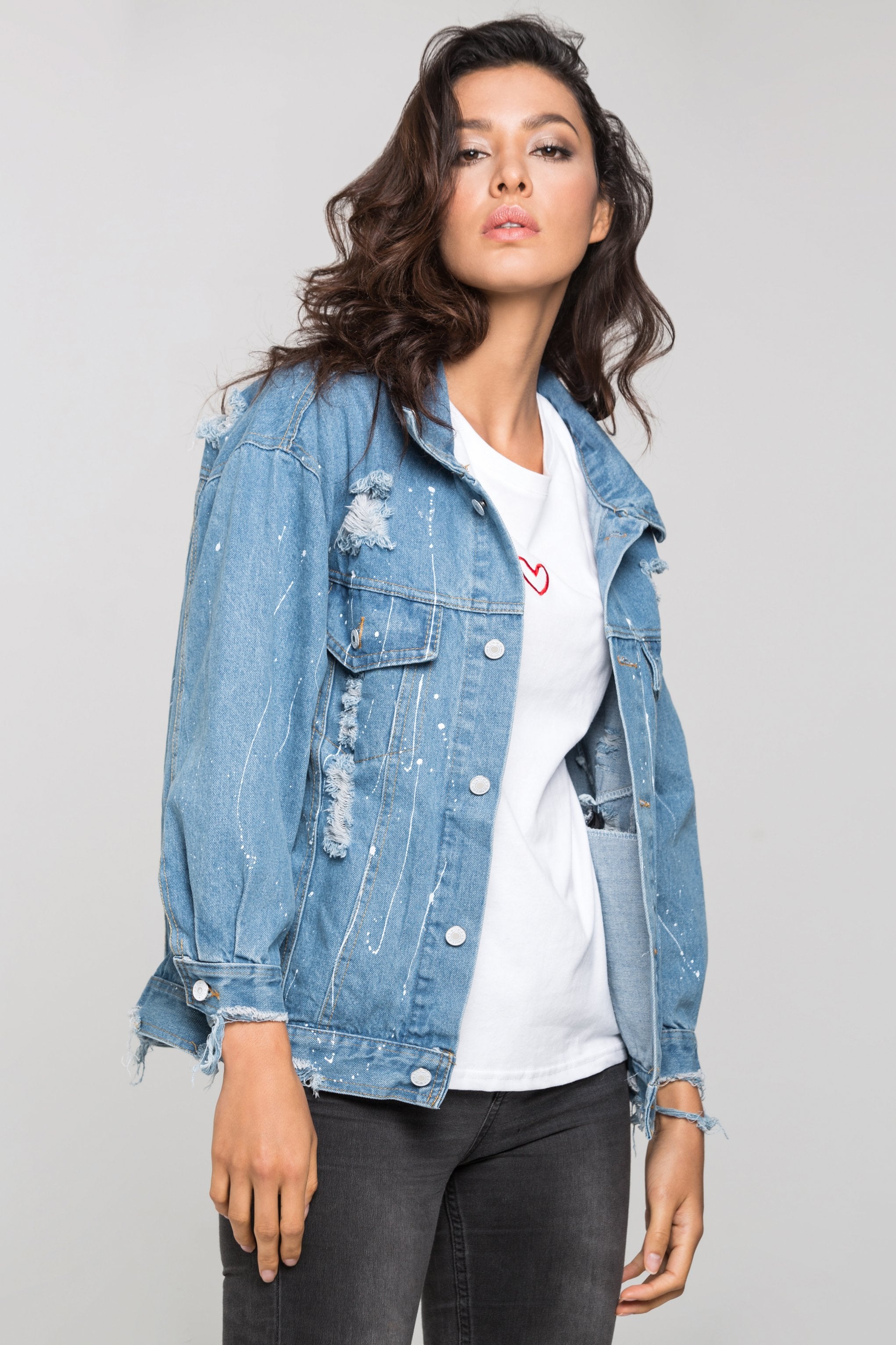 Distressed Denim Splashed Jacket - ownthelooks-Development