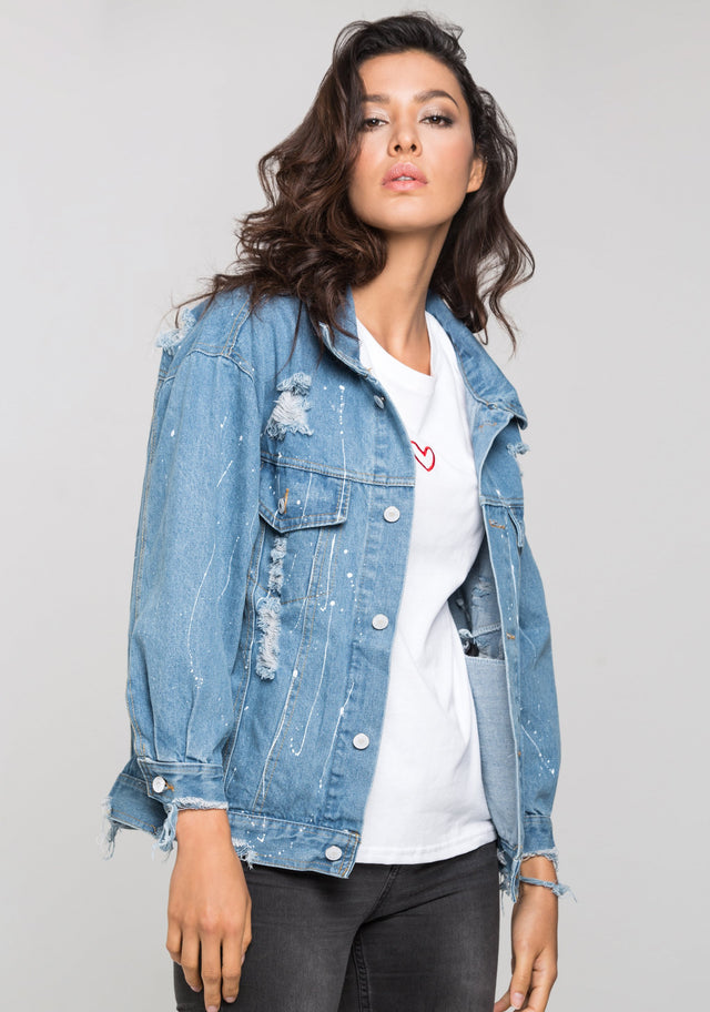 Distressed Denim Splashed Jacket - ownthelooks-Development