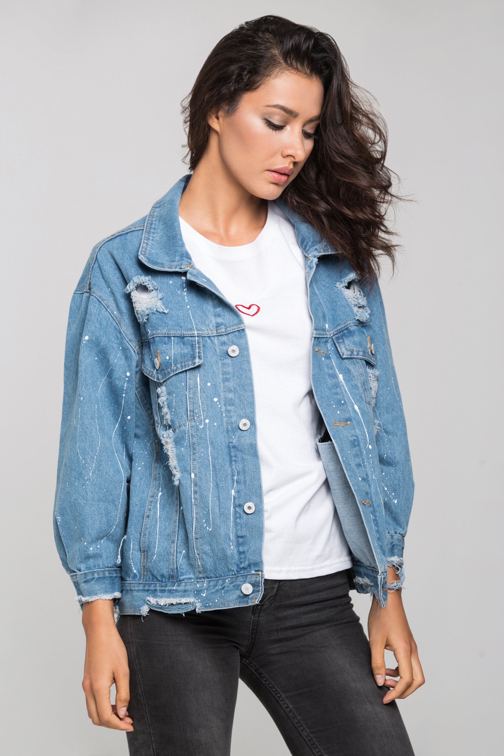 Distressed Denim Splashed Jacket - ownthelooks-Development