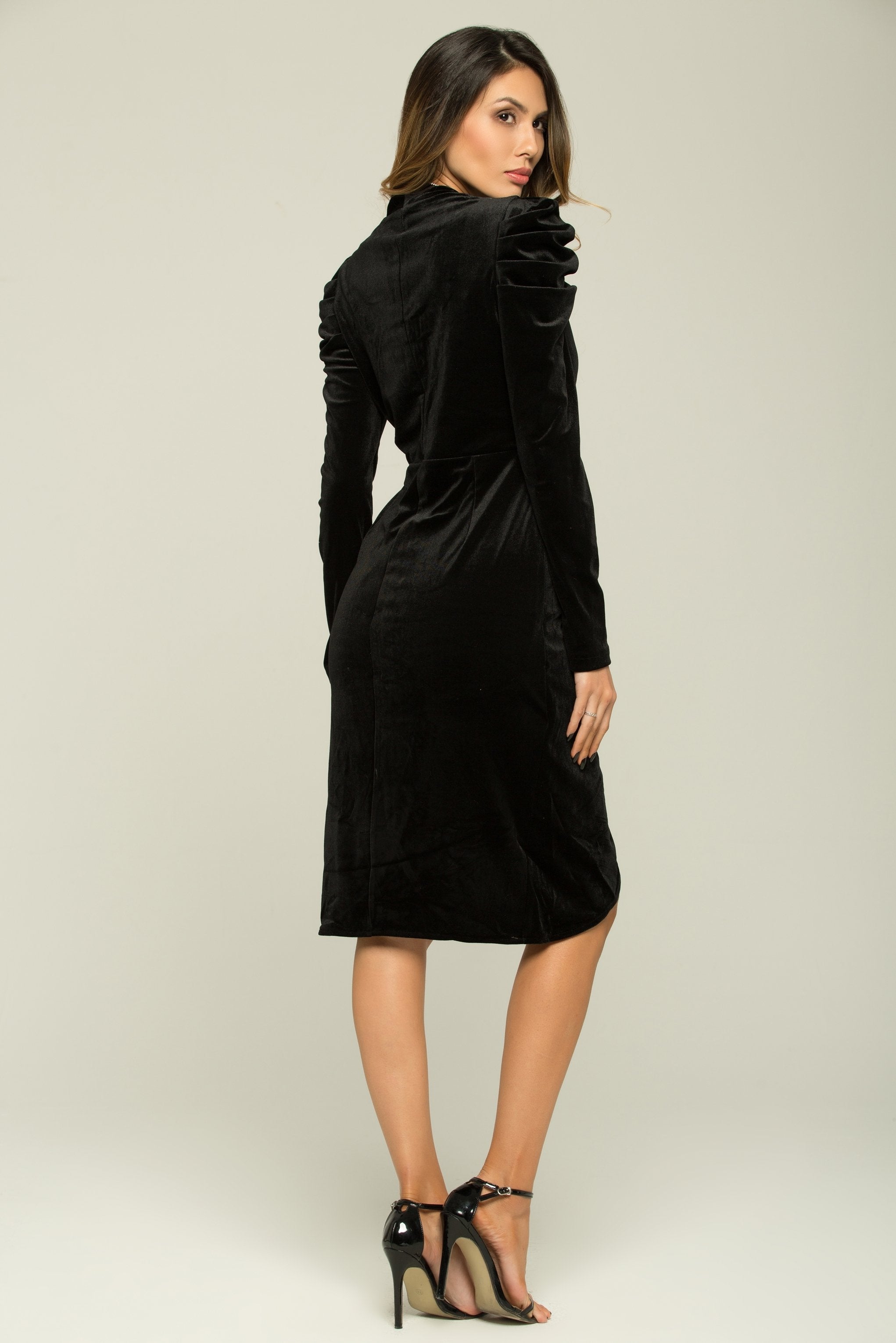 Elegant Black Velvet Front Slit Midi Dress - ownthelooks-Development