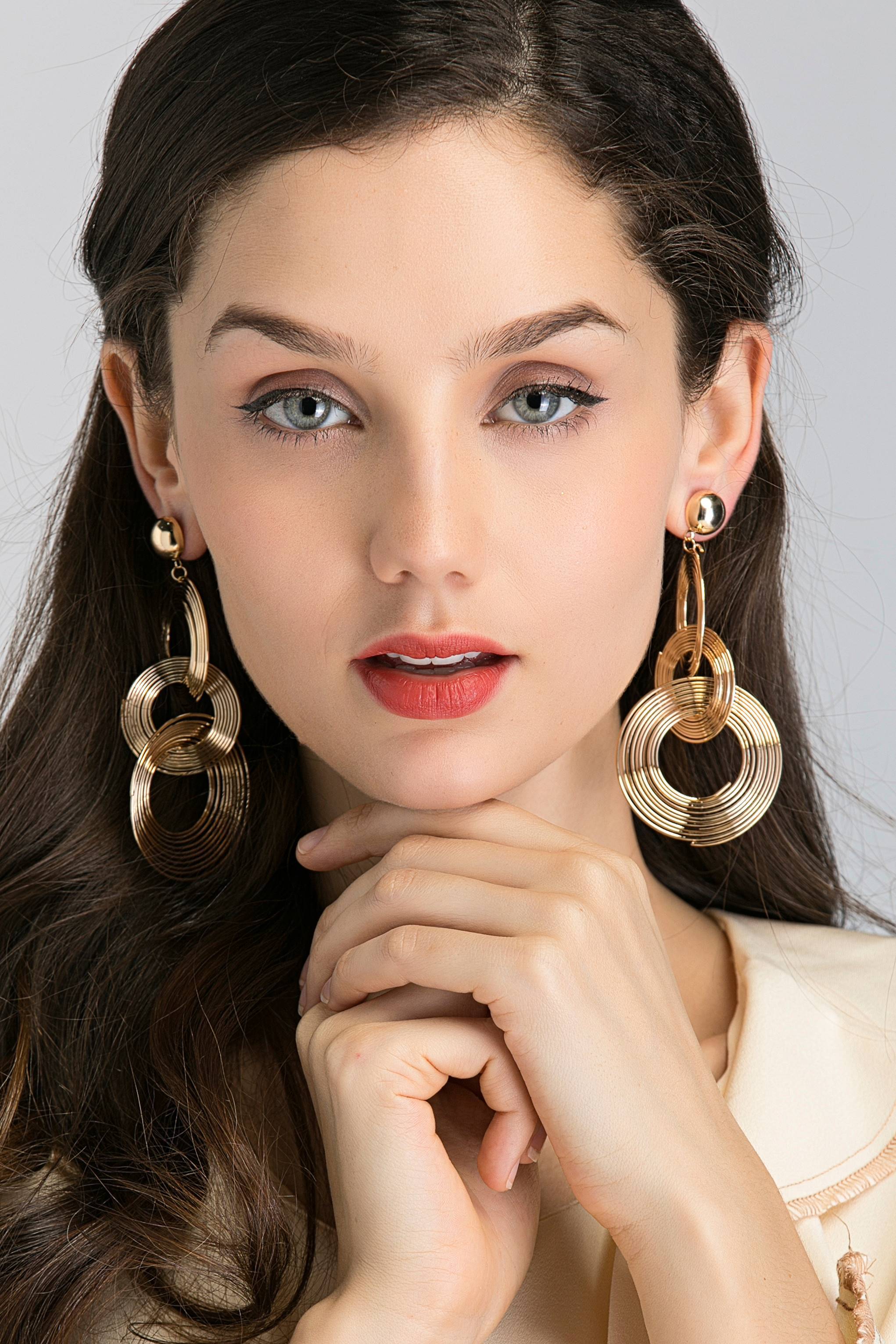 Gold Button Stud and Triple Spiral Drop Earrings - ownthelooks-Development