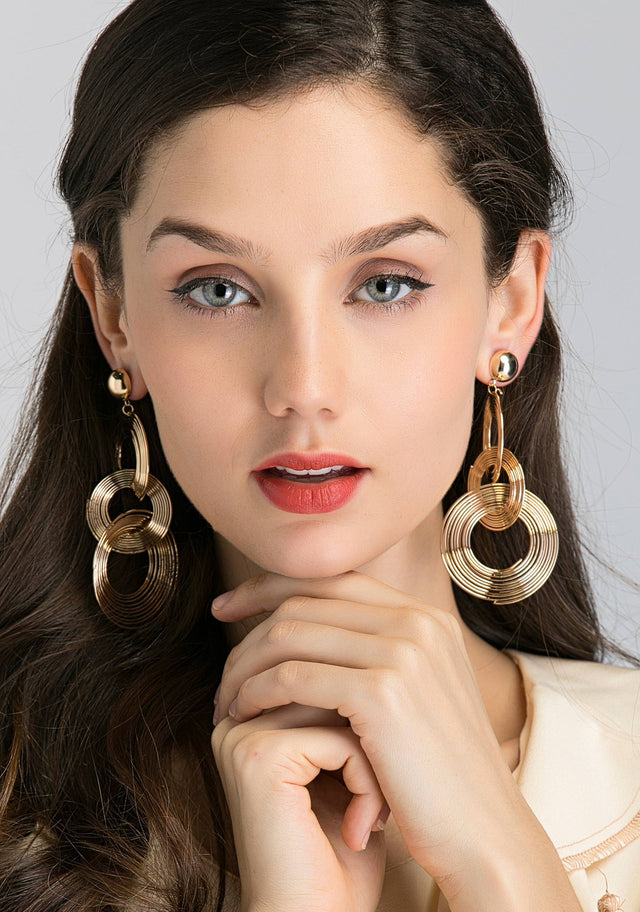 Gold Button Stud and Triple Spiral Drop Earrings - ownthelooks-Development