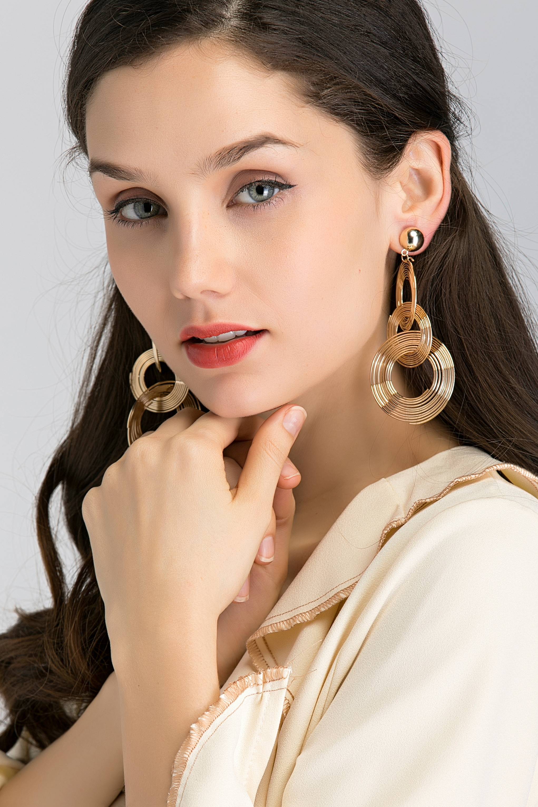 Gold Button Stud and Triple Spiral Drop Earrings - ownthelooks-Development