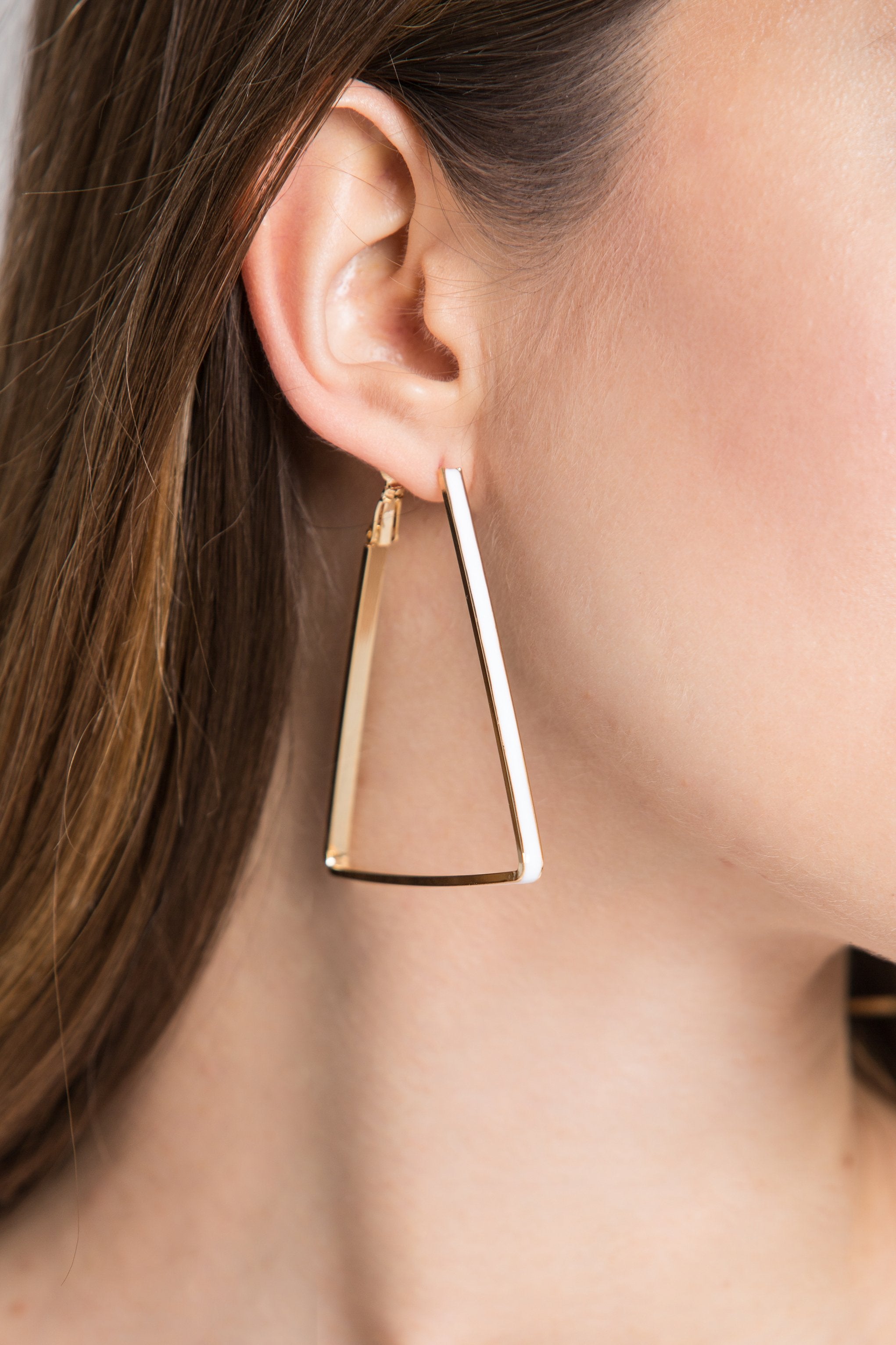 Gold Plated Triangle White Trim Loop Earrings - ownthelooks-Development