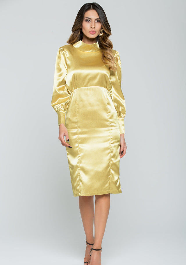 Golden Silk Full Sleeves Midi Dress - ownthelooks-Development