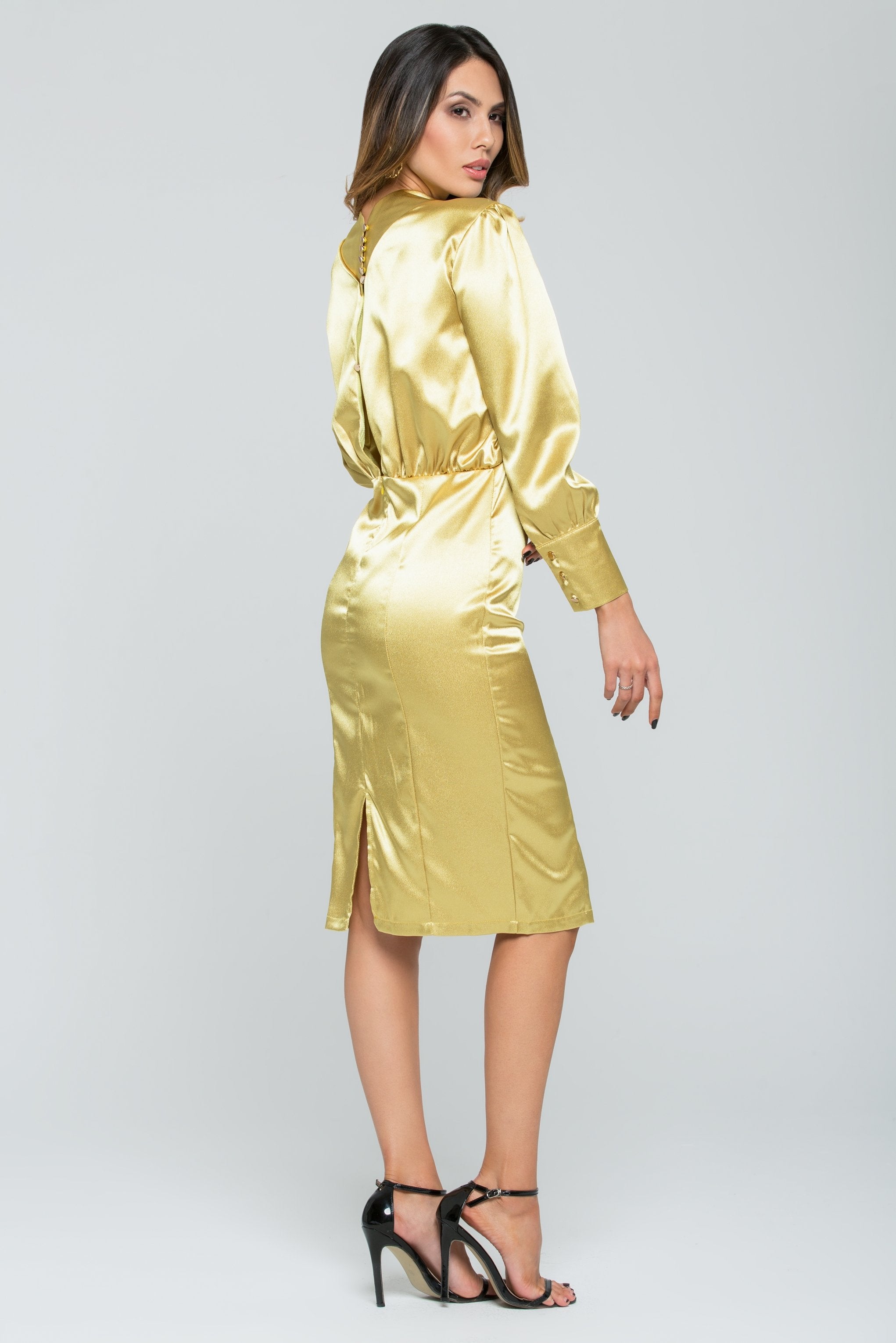 Golden Silk Full Sleeves Midi Dress - ownthelooks-Development