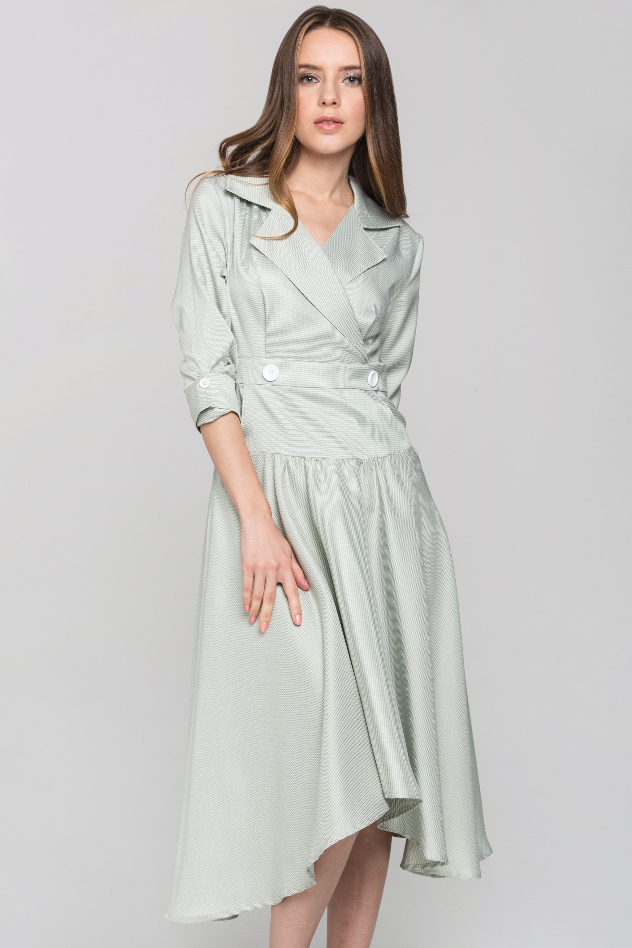 Green Check Collared Drop Waist Midi Dress - ownthelooks-Development