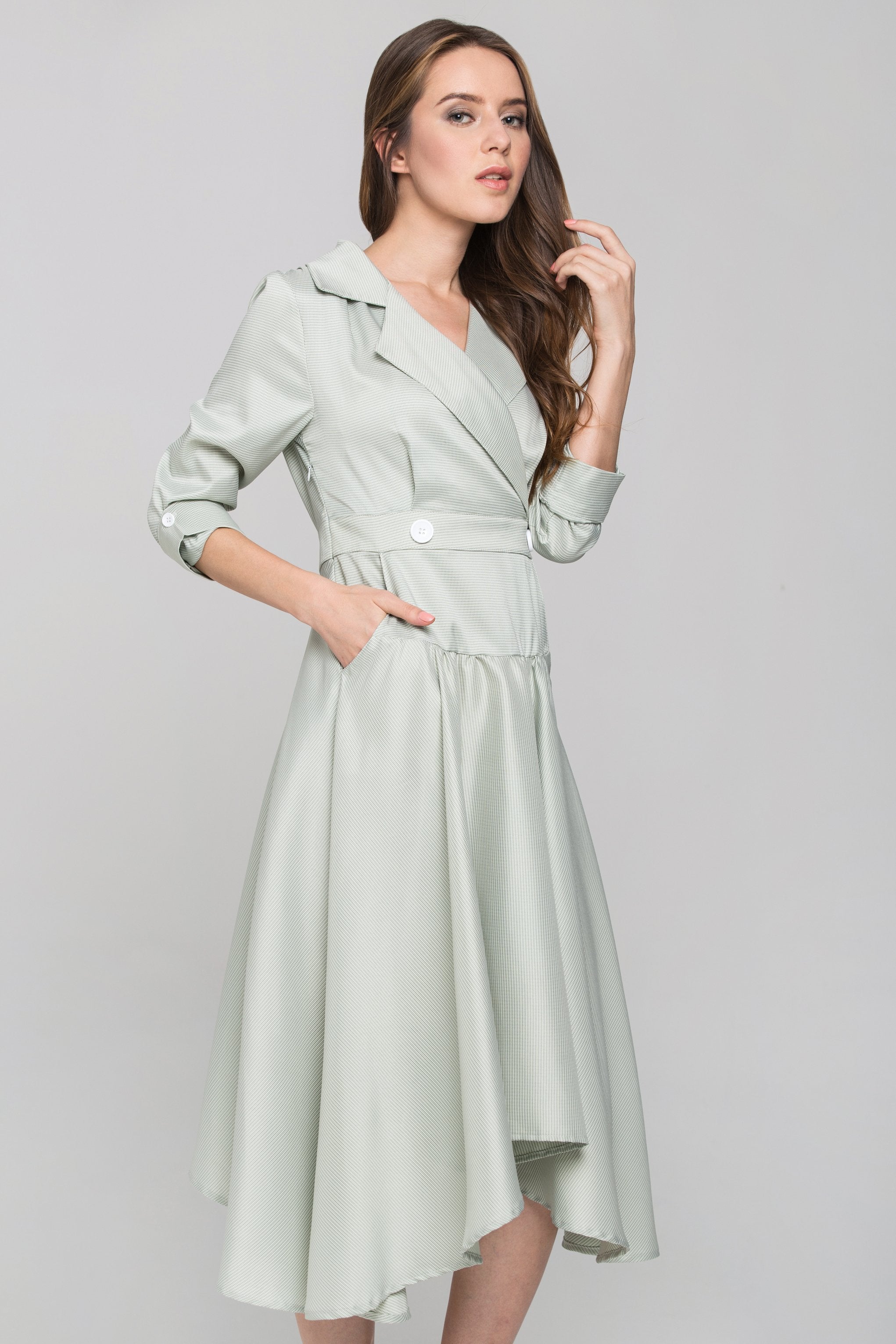 Green Check Collared Drop Waist Midi Dress - ownthelooks-Development