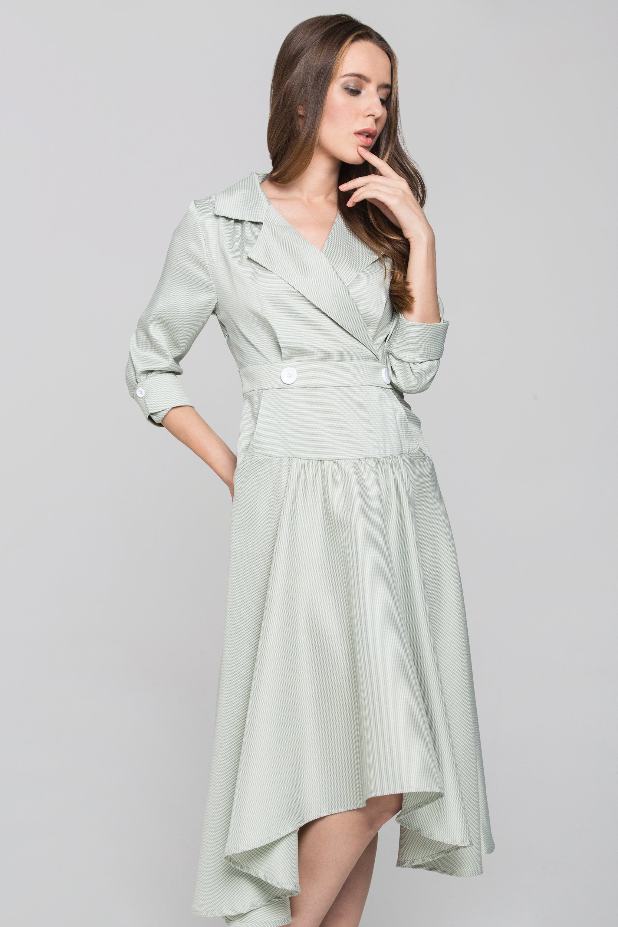 Green Check Collared Drop Waist Midi Dress - ownthelooks-Development