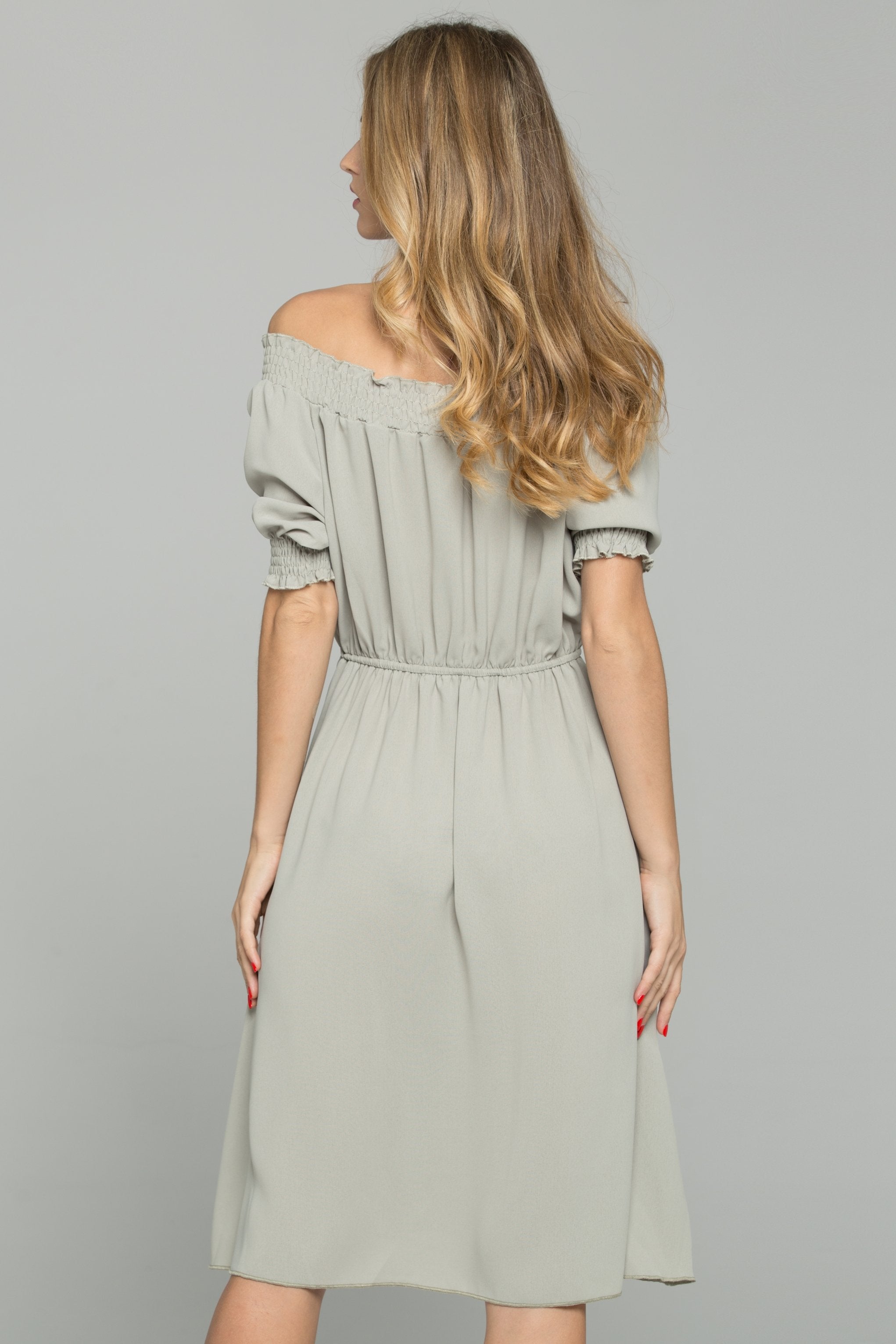 Green Cotton Off-The-Shoulder Ruched Pleat Mini Dress - ownthelooks-Development