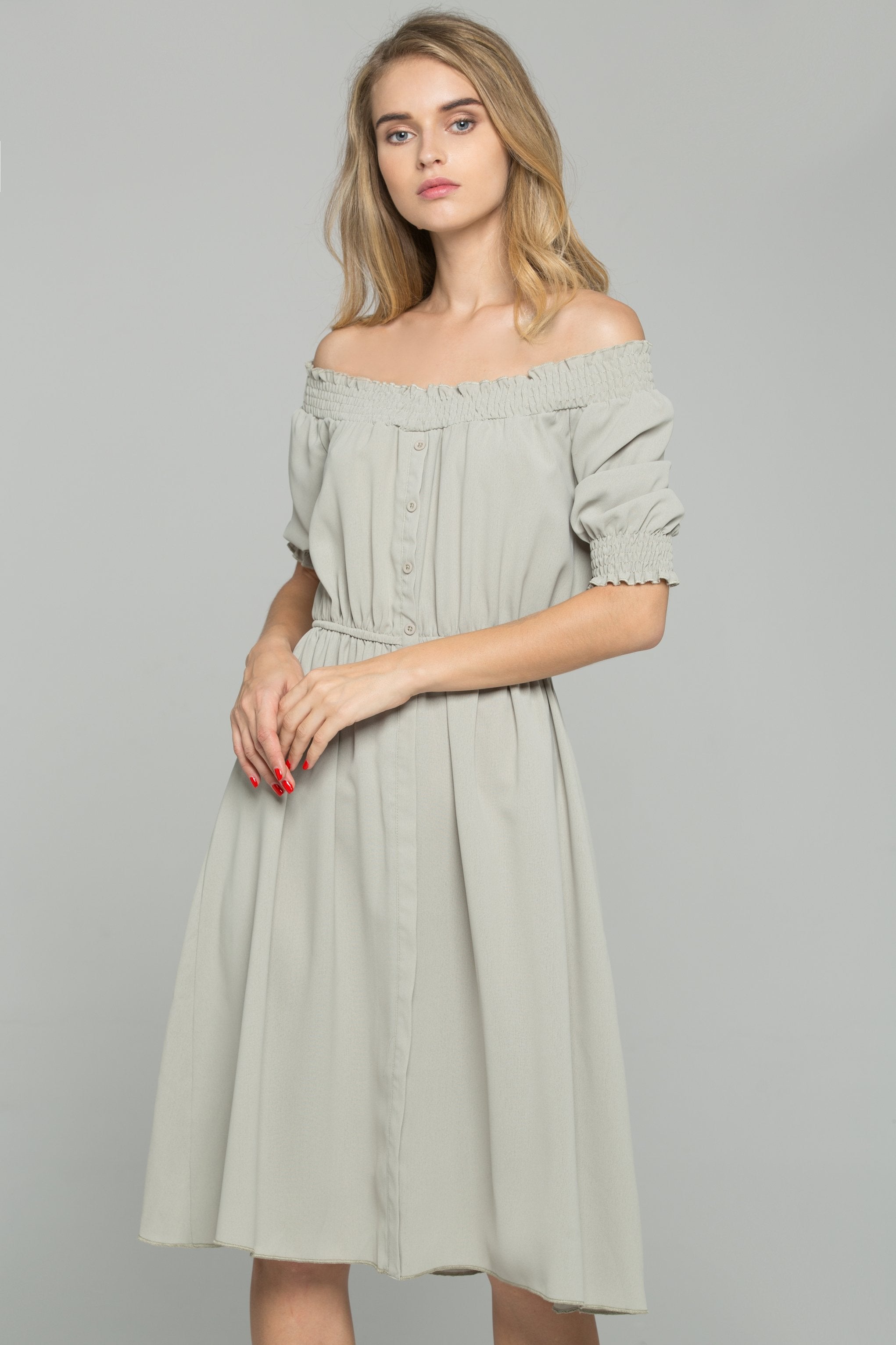 Green Cotton Off-The-Shoulder Ruched Pleat Mini Dress - ownthelooks-Development