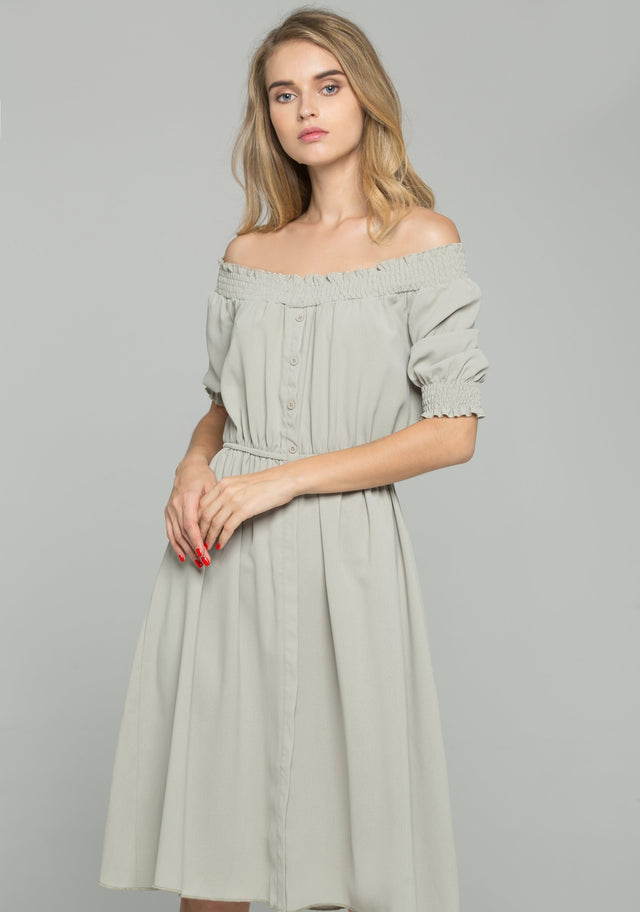 Green Cotton Off-The-Shoulder Ruched Pleat Mini Dress - ownthelooks-Development