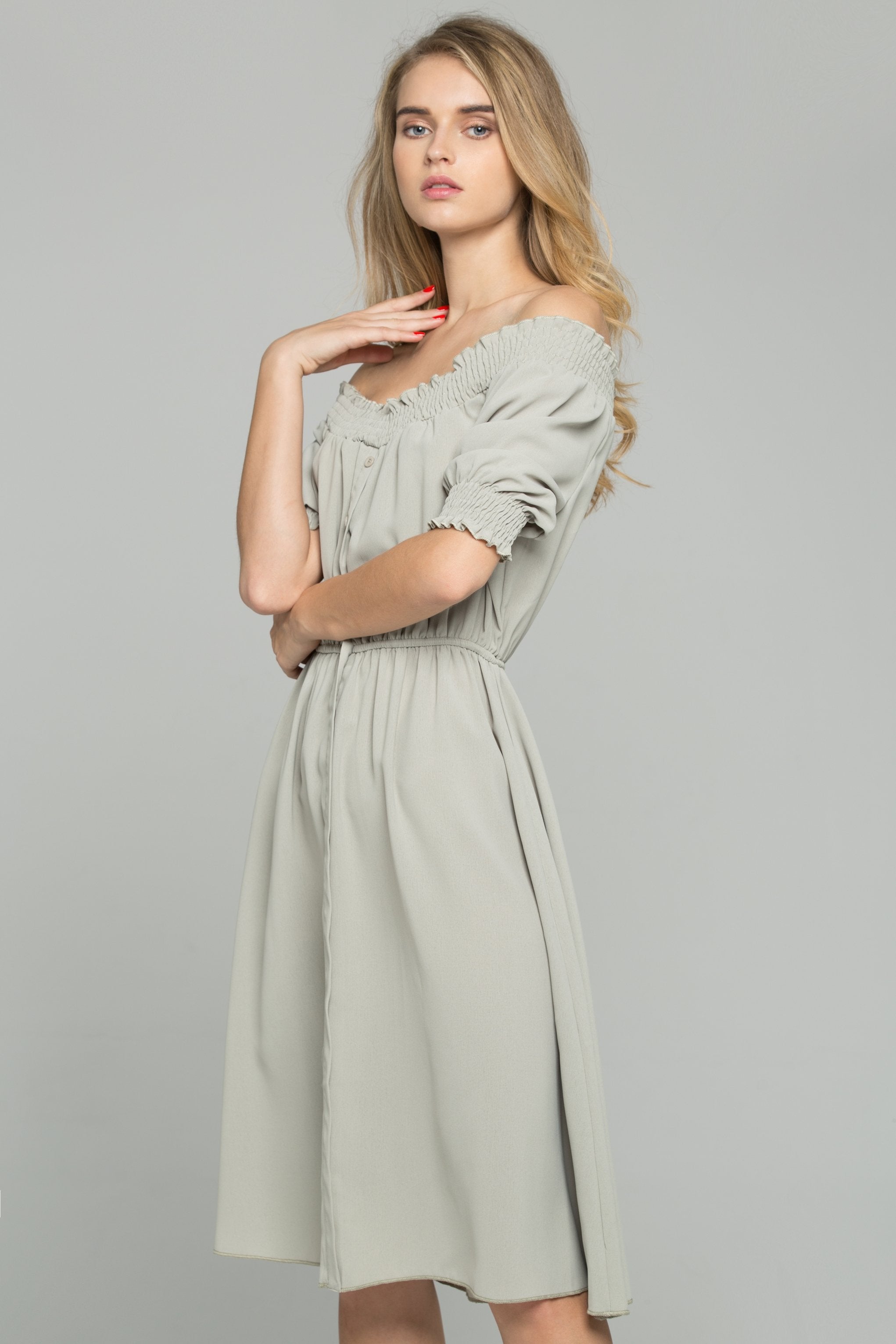Green Cotton Off-The-Shoulder Ruched Pleat Mini Dress - ownthelooks-Development