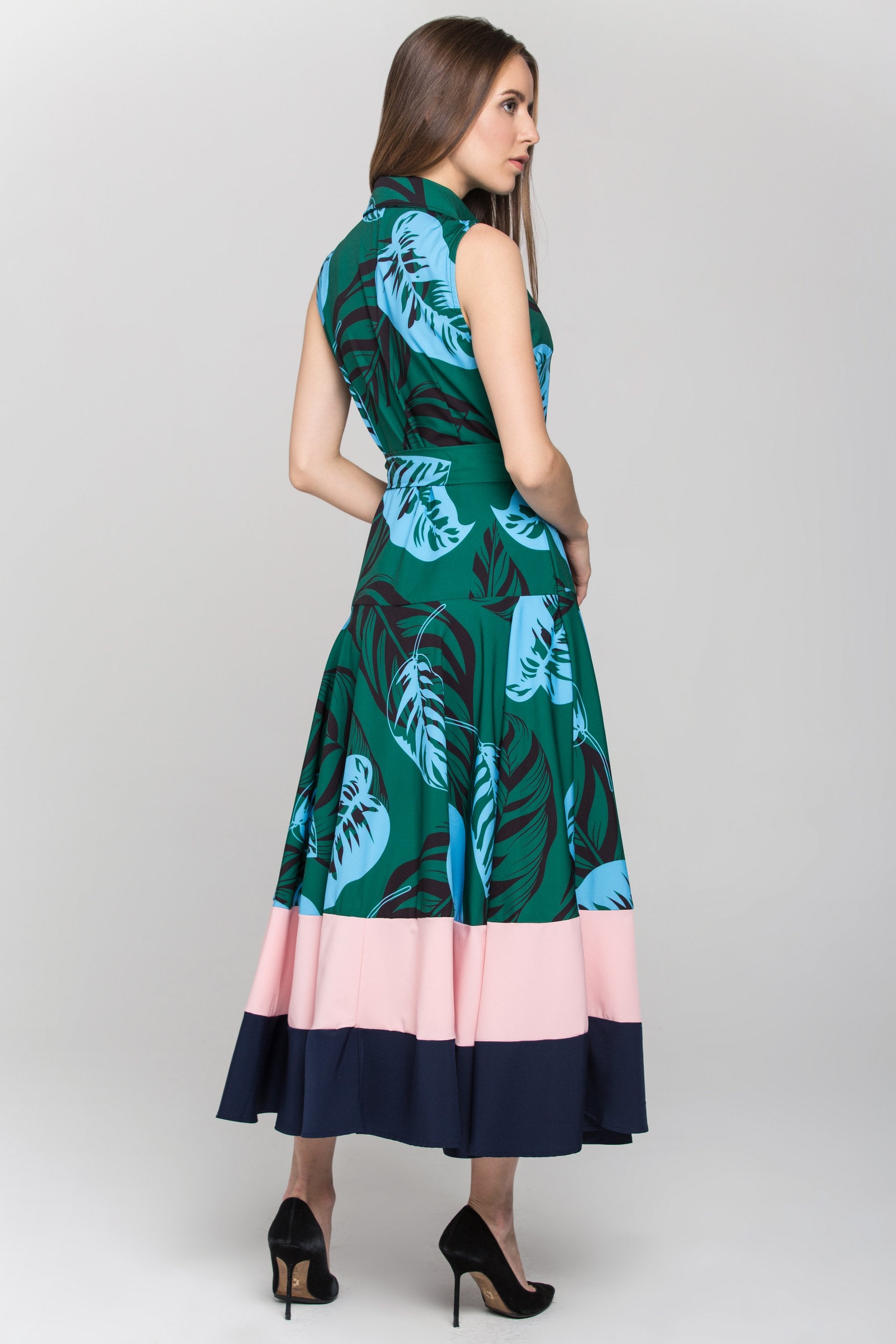 Green Leaf Print Color Block Panel Maxi Dress - ownthelooks-Development