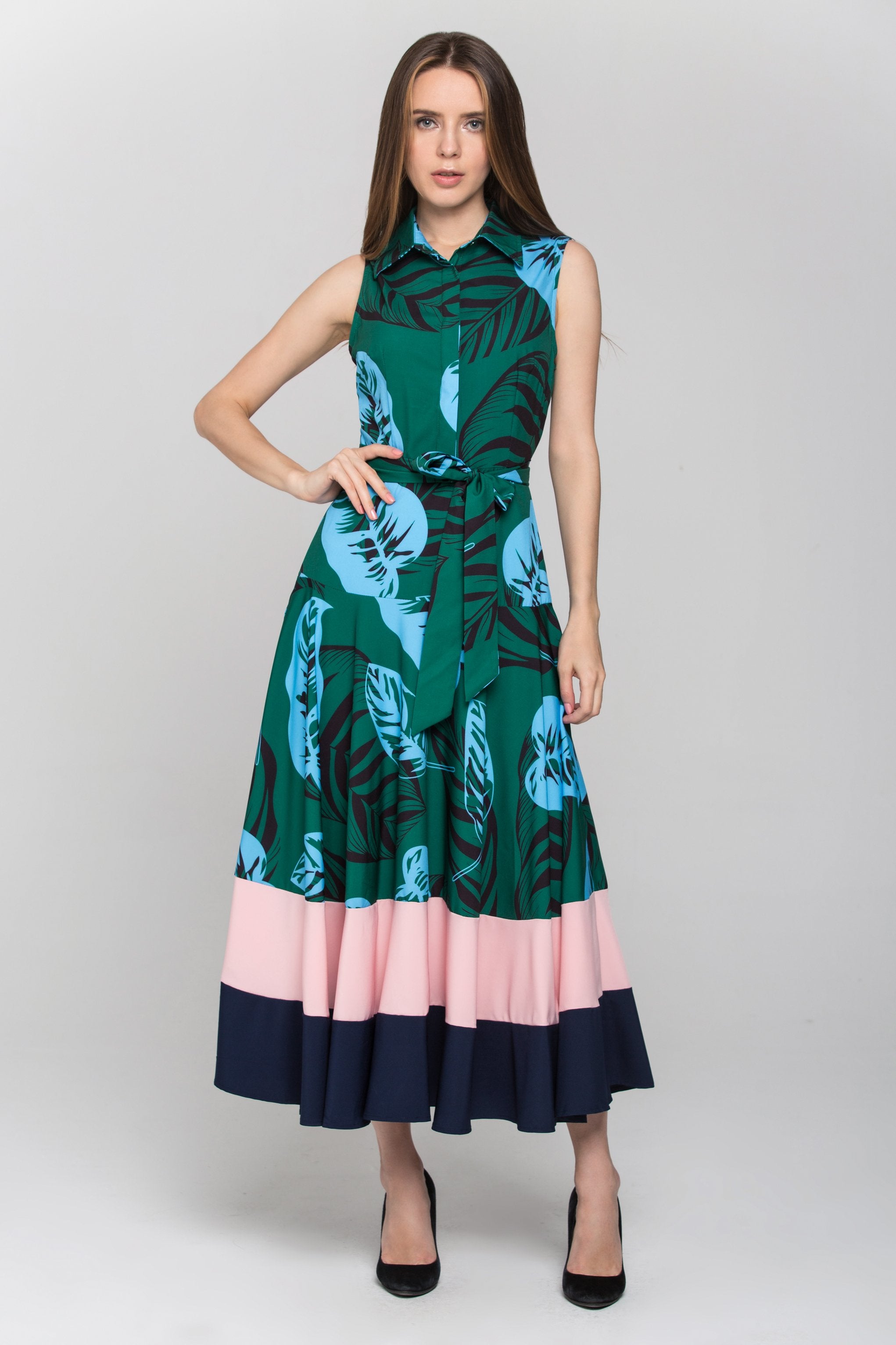 Green Leaf Print Color Block Panel Maxi Dress - ownthelooks-Development