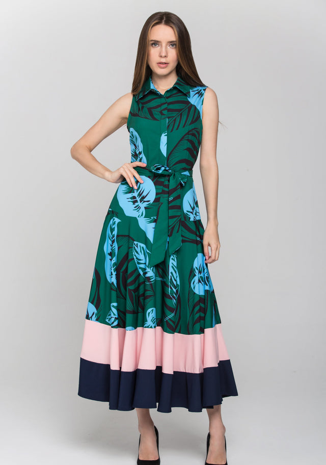 Green Leaf Print Color Block Panel Maxi Dress - ownthelooks-Development