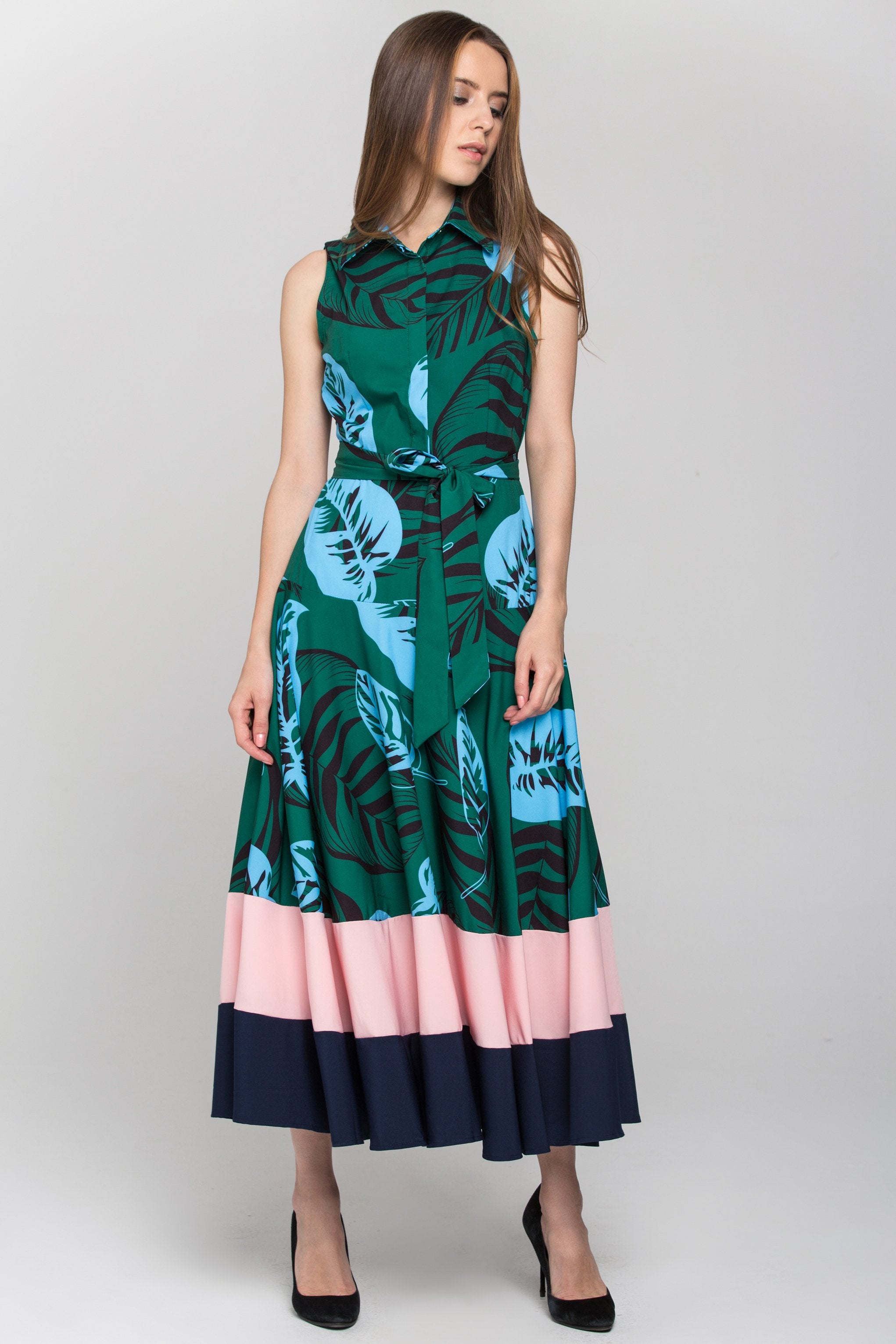 Green Leaf Print Color Block Panel Maxi Dress - ownthelooks-Development