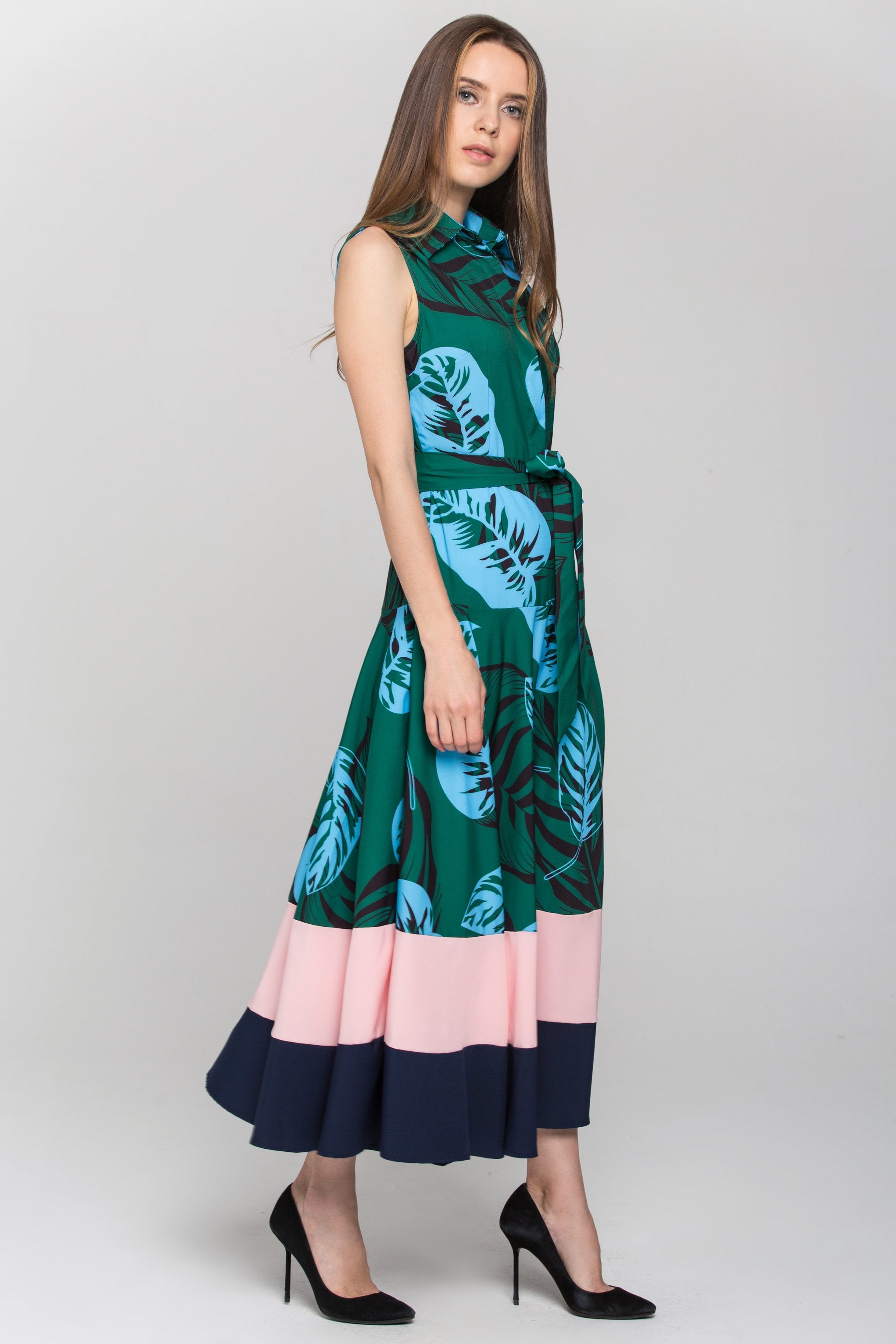 Green Leaf Print Color Block Panel Maxi Dress - ownthelooks-Development
