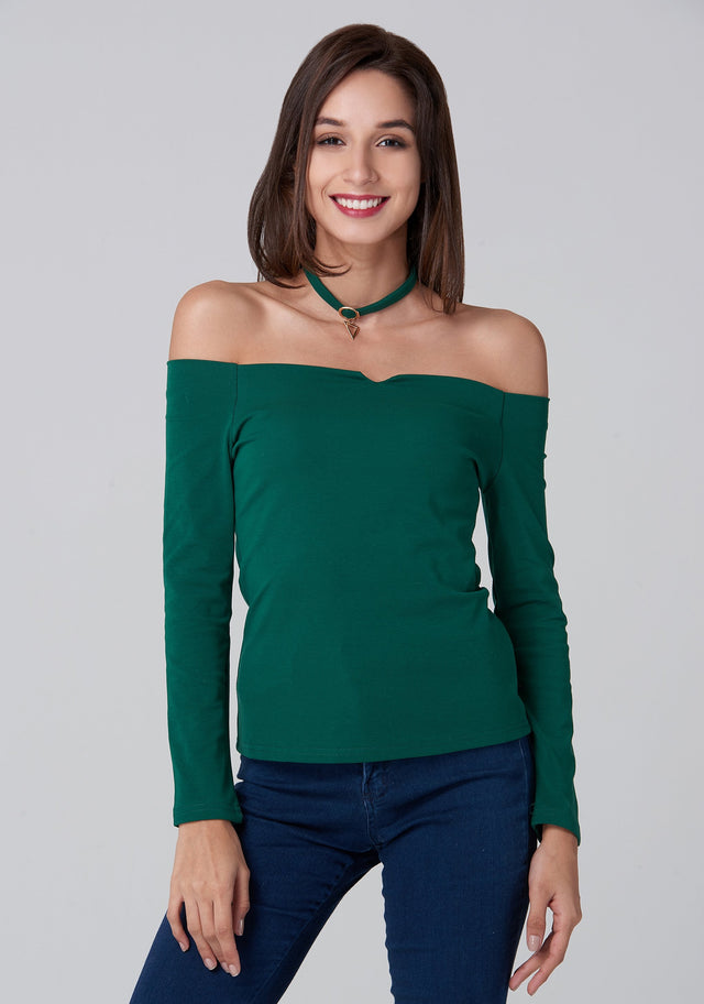 Green Off the Shoulder Prism Choker Top - ownthelooks-Development