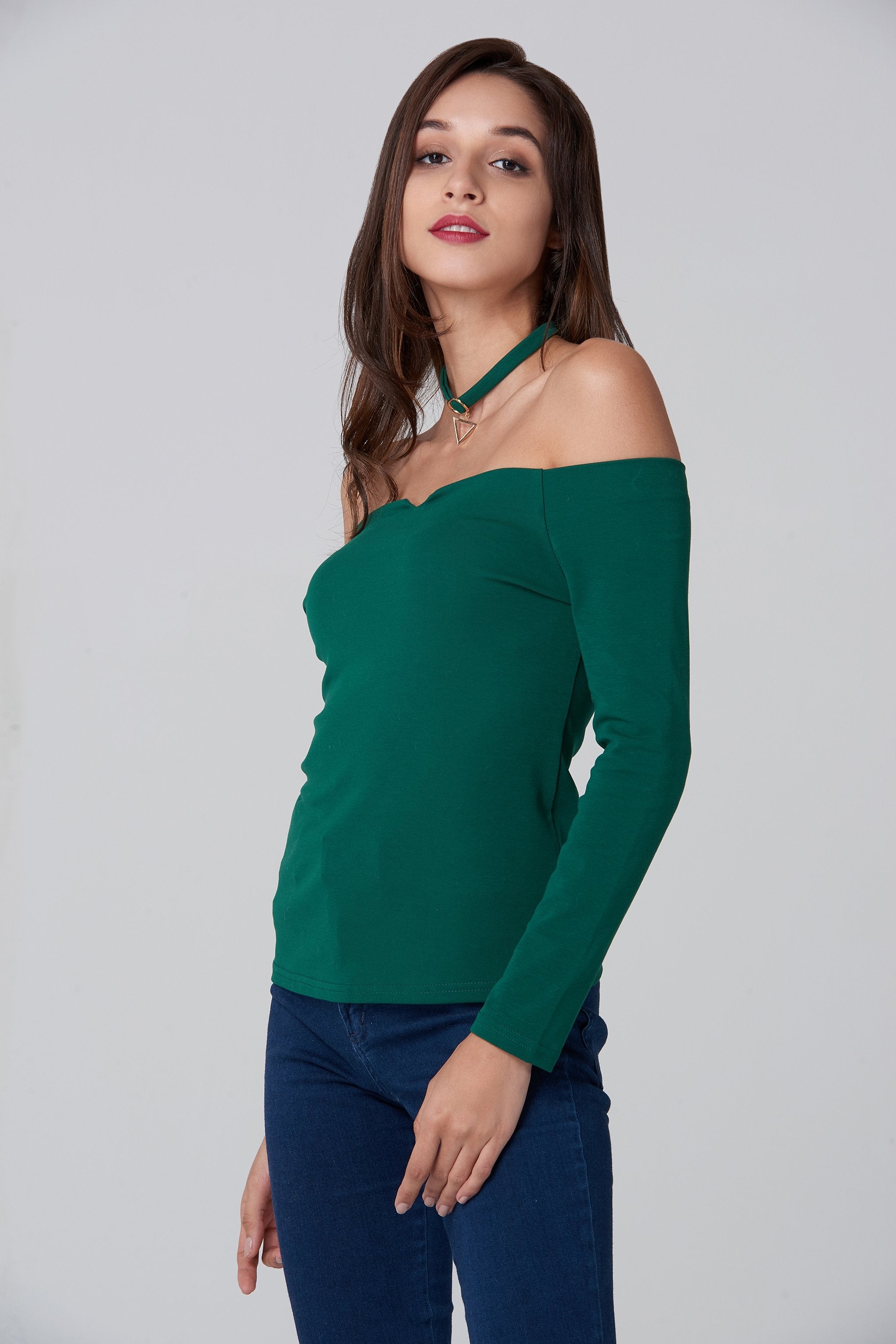 Green Off the Shoulder Prism Choker Top - ownthelooks-Development